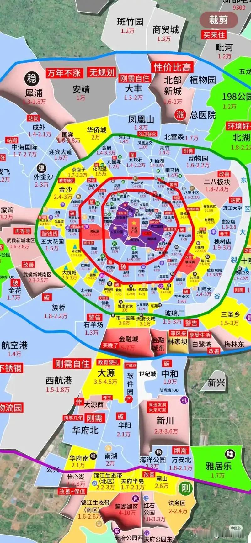成都的房价分布挺不可理解的，很多二圈层的房子位置一般但价格并不低，而靠近市中心的