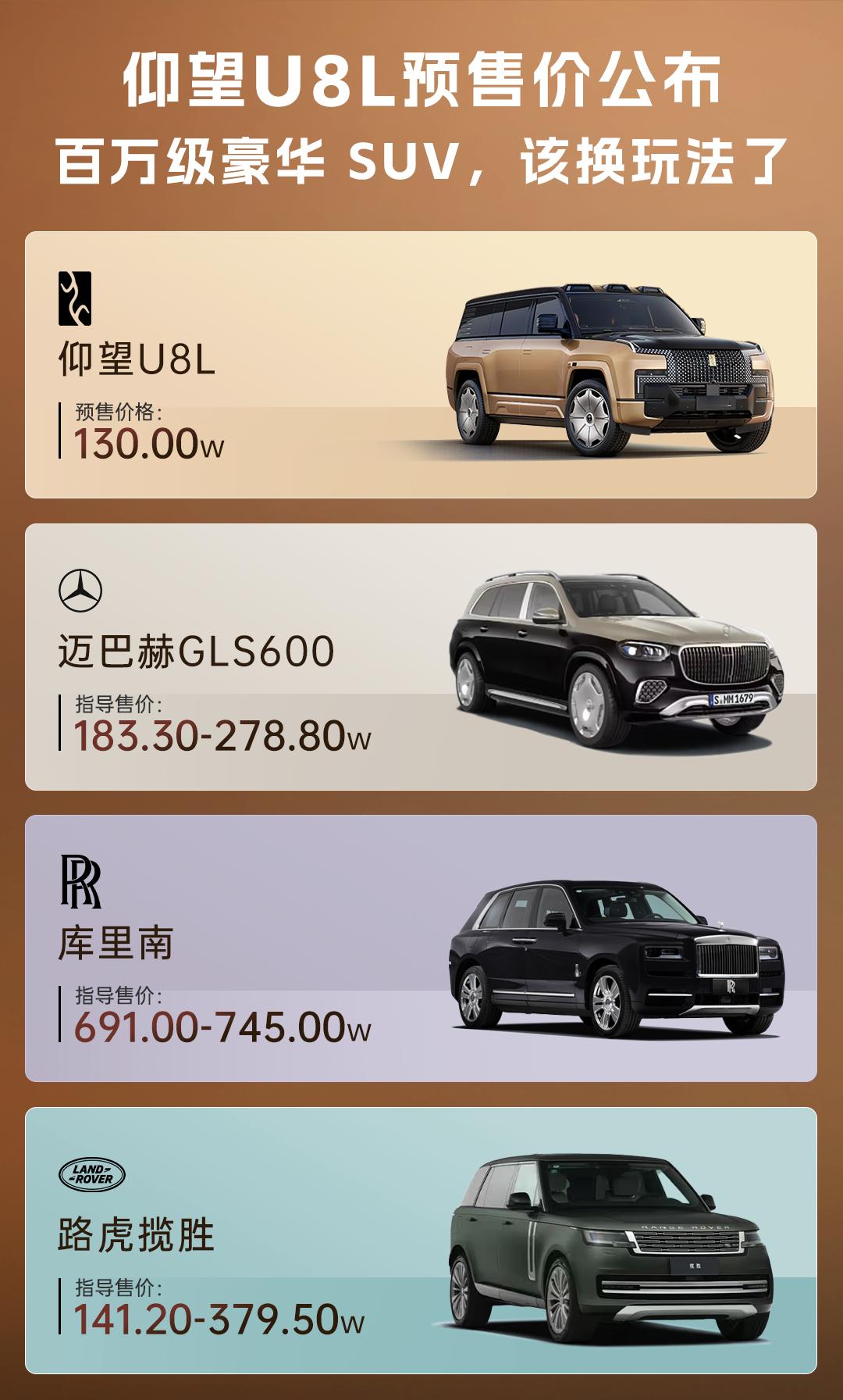 百万级SUV价格大比拼！仰望U8L预售价只要130万，相较于路虎揽胜、迈巴赫GL