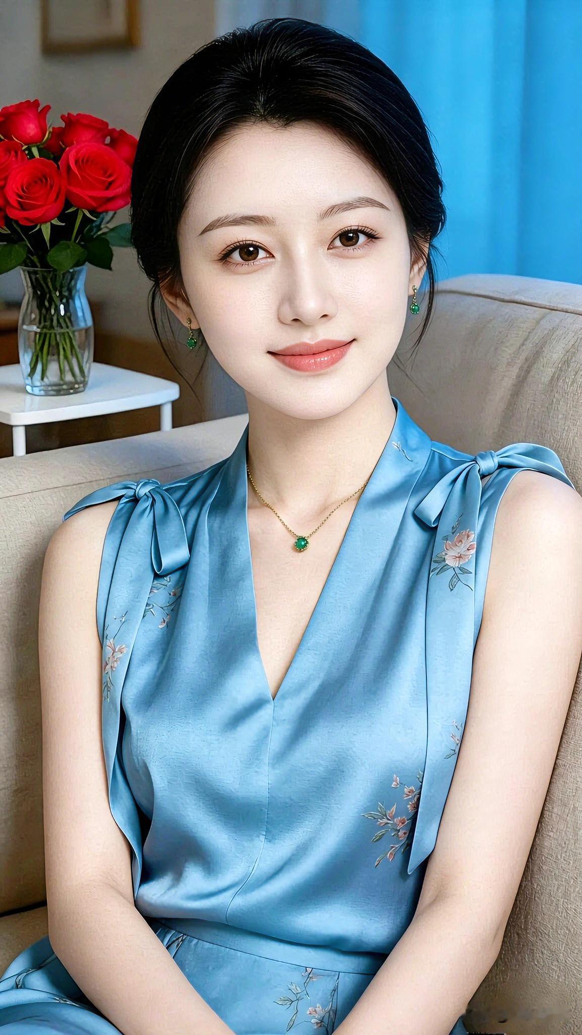 今天大家介绍一套雾蓝新中式套装，顺滑的缎面衬得肤色柔和，肩带蝴蝶结细节精致，淡淡