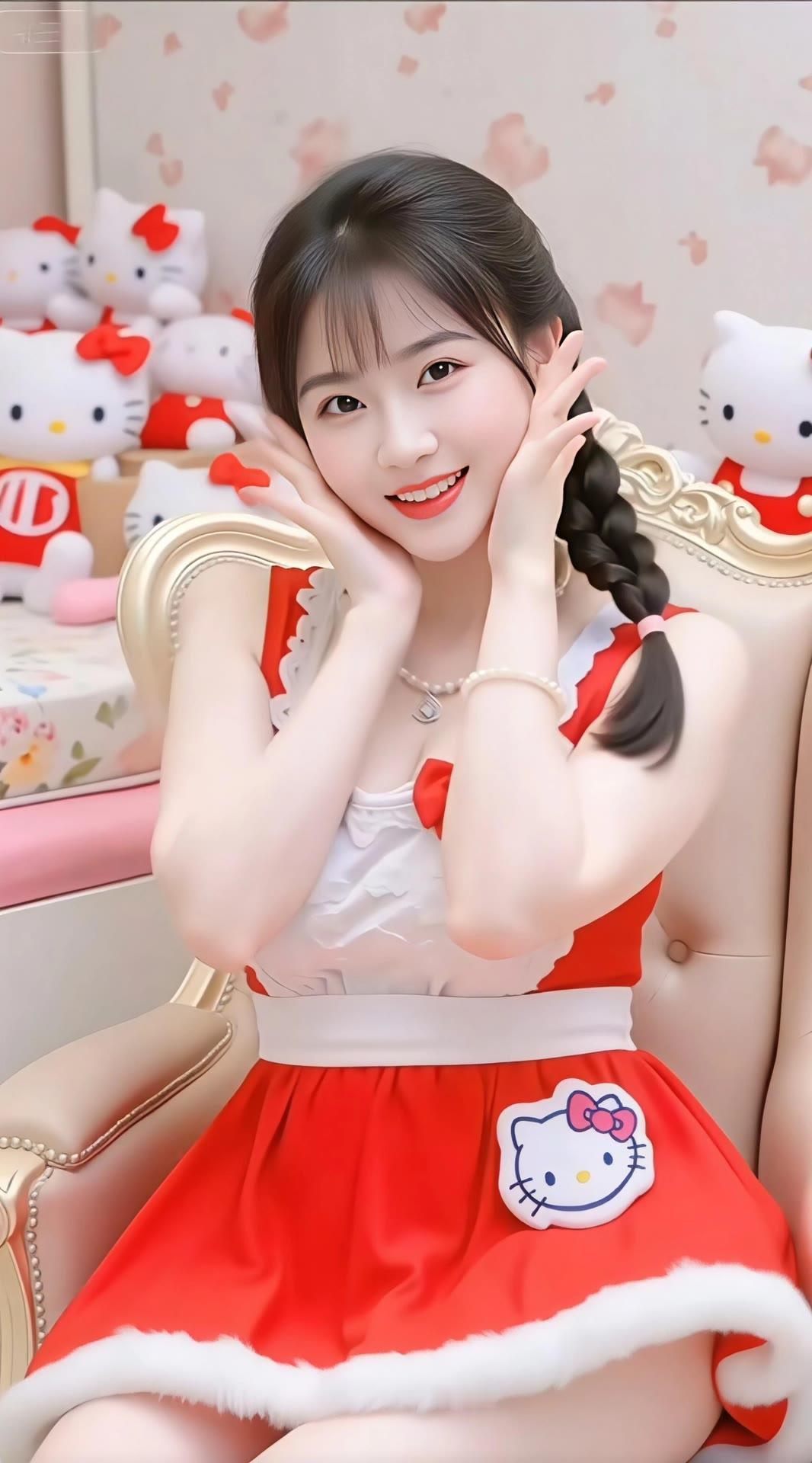 红裙映笑颜，猫儿伴美人。