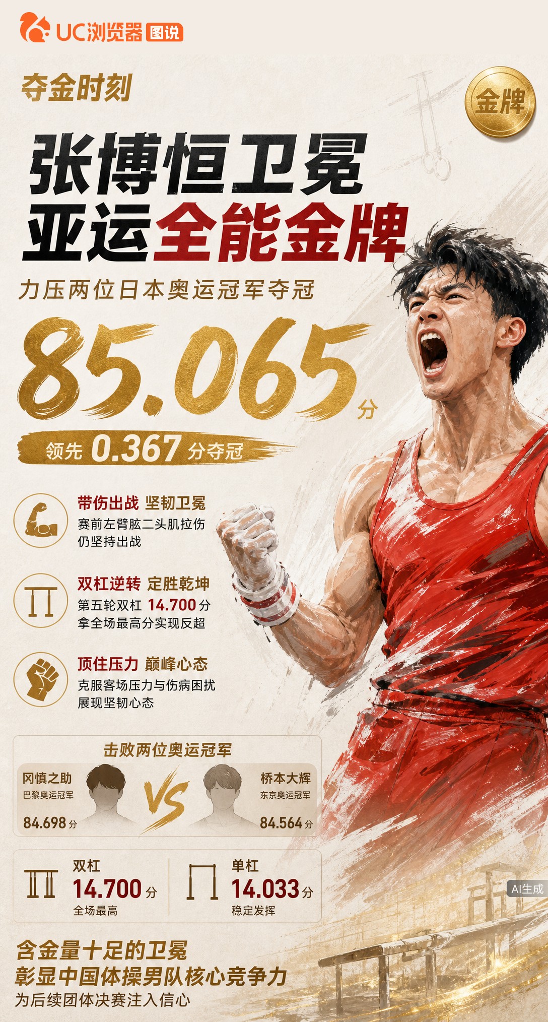 带伤卫冕！张博恒85.065分拿下亚运体操男子全能金牌，力压两位日本奥运冠军。双杠全场最高分实现反超