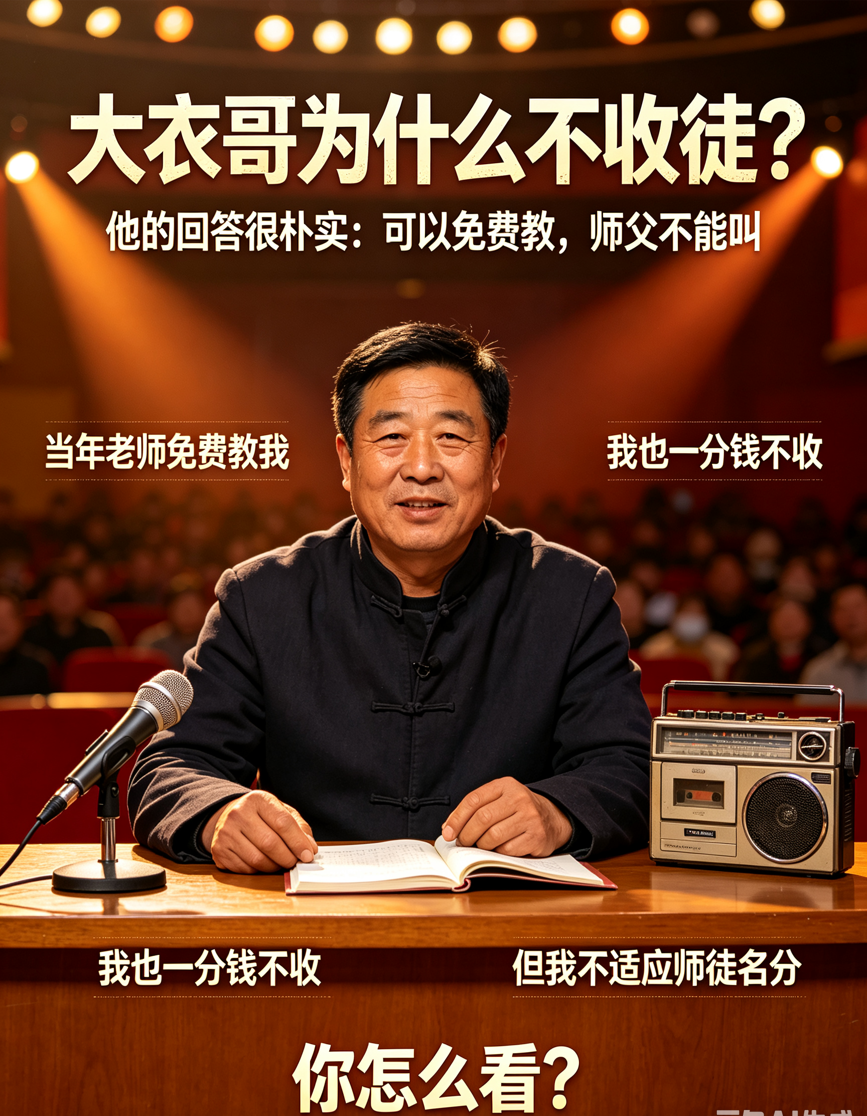 看淡名分，朴实的想法。近日，大衣哥朱之文回应多年不收徒的原因，引发网友热议。大衣哥表示，他愿意毫无保