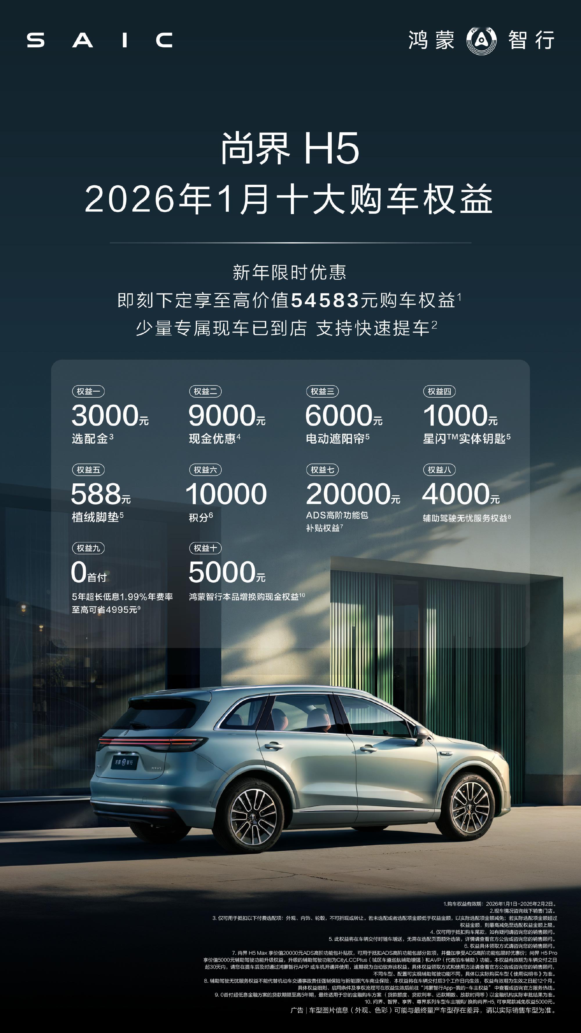 车若初见尚界汽车新年发福利，1月下定尚界H5可享十大购车权益，价值54583元