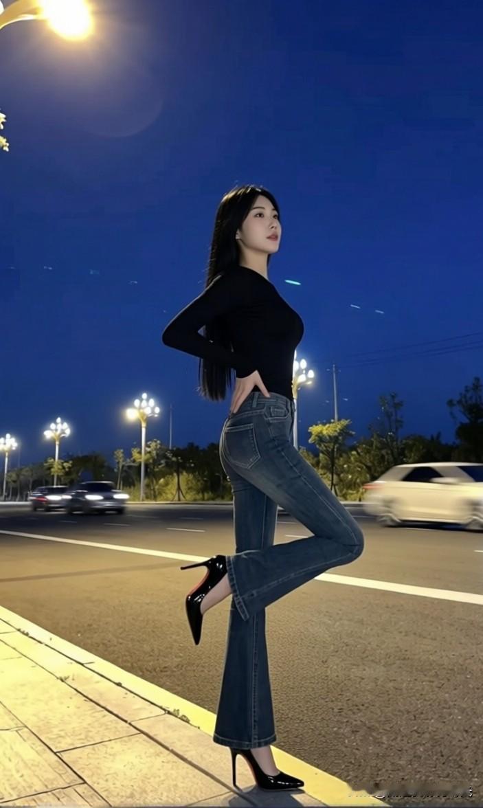 夜晚街拍，优雅黑衣少女，时尚穿搭指南能发几张女生穿高跟鞋踮脚的图片吗