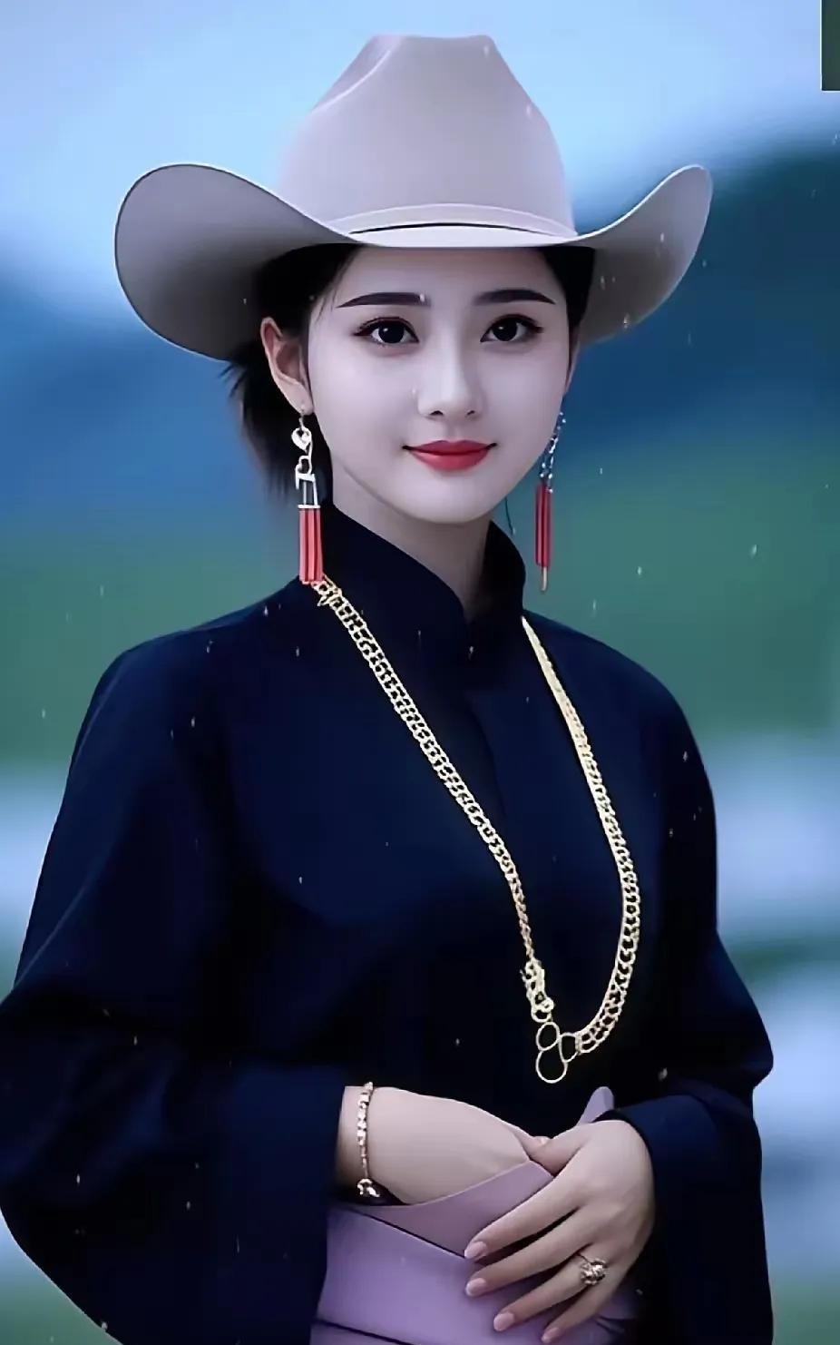 佳人韵浅帽轻簪映玉容，双眸熠熠若星融。藏蓝衣袂风姿显，淡紫罗裙雅韵浓。