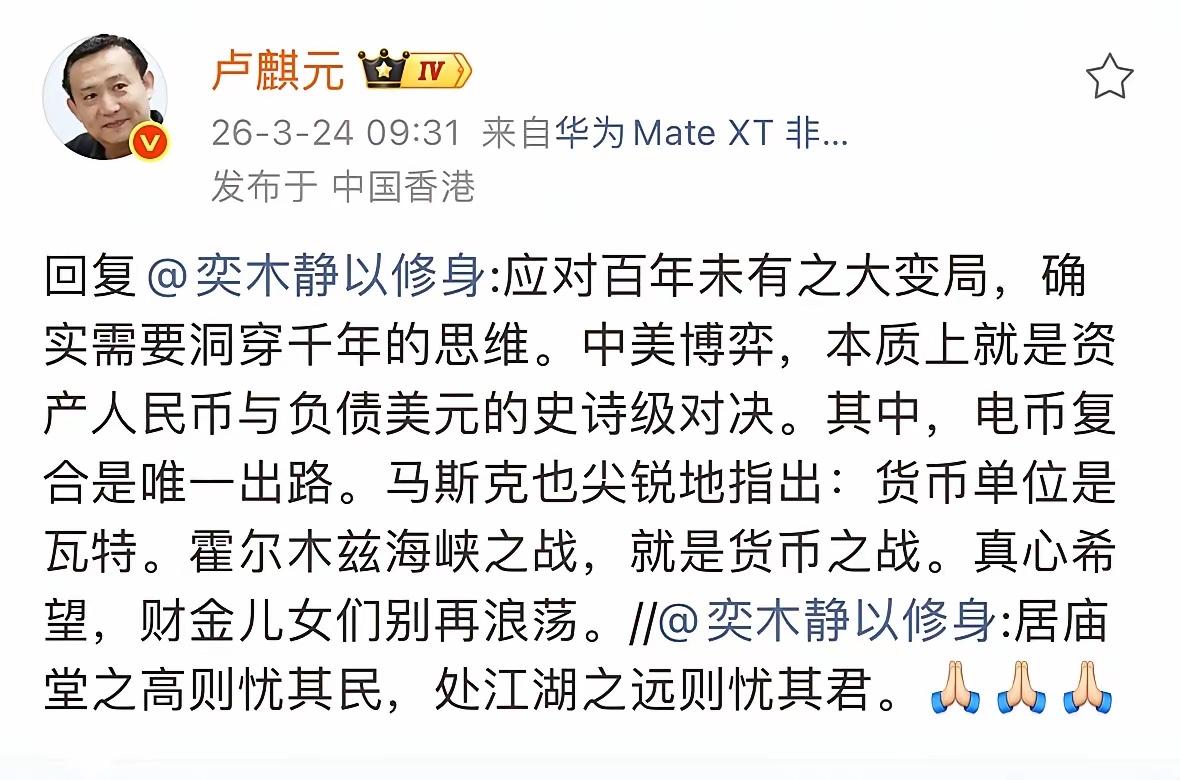 有网友盛赞著名经济学家卢麒元：处庙堂之高则有奇骏，处江湖之远则忧其民。卢总回