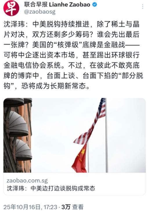 新加坡联合早报于10月16日发布沈泽玮的评论：“中美脱钩持续推进，除了稀土与芯片