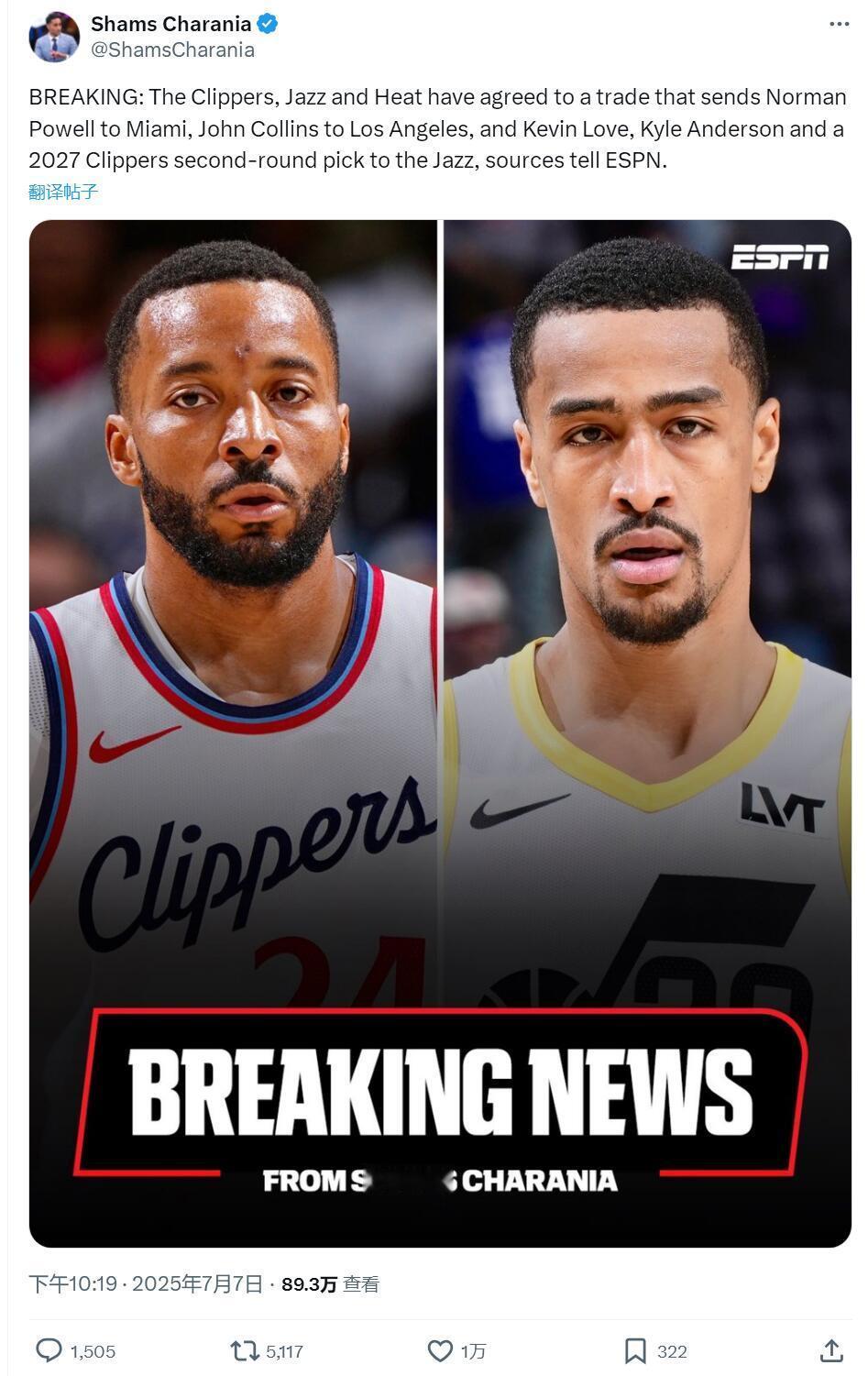 NBA交易3队大交易！李凯尔再次易主！快船有4号位了。北京时间7月7日晚10点，