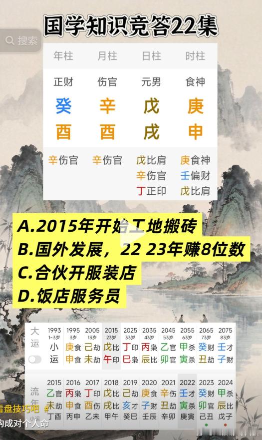 再发个命例。这个答案是B。推理过程如下：日元为戊土，月干为辛，时干为庚，地支申酉