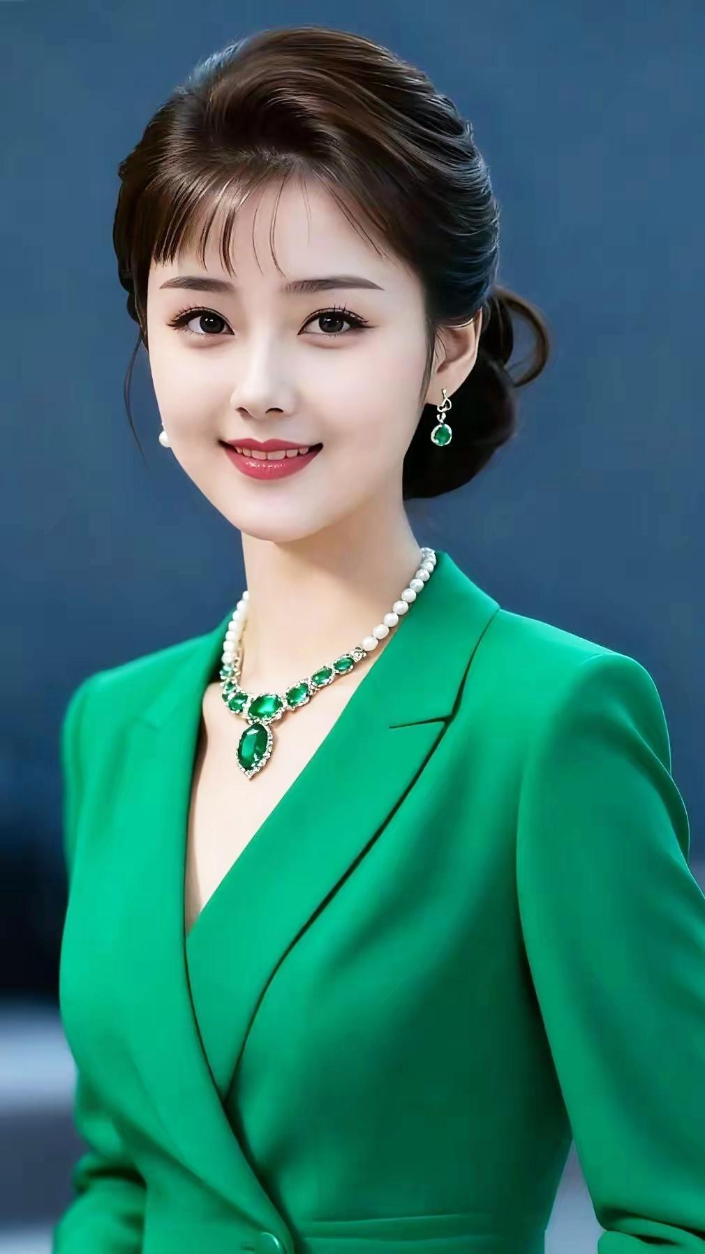 优雅绿衣女郎，闪耀绿宝石项链，气质满分！💎🌿