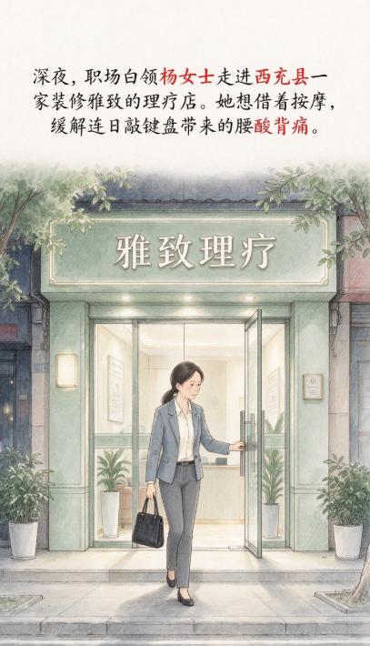 深夜，一女子去会所按摩，她舒服地趴在按摩床上，技师熟练地按摩着她的肩颈和背部，看