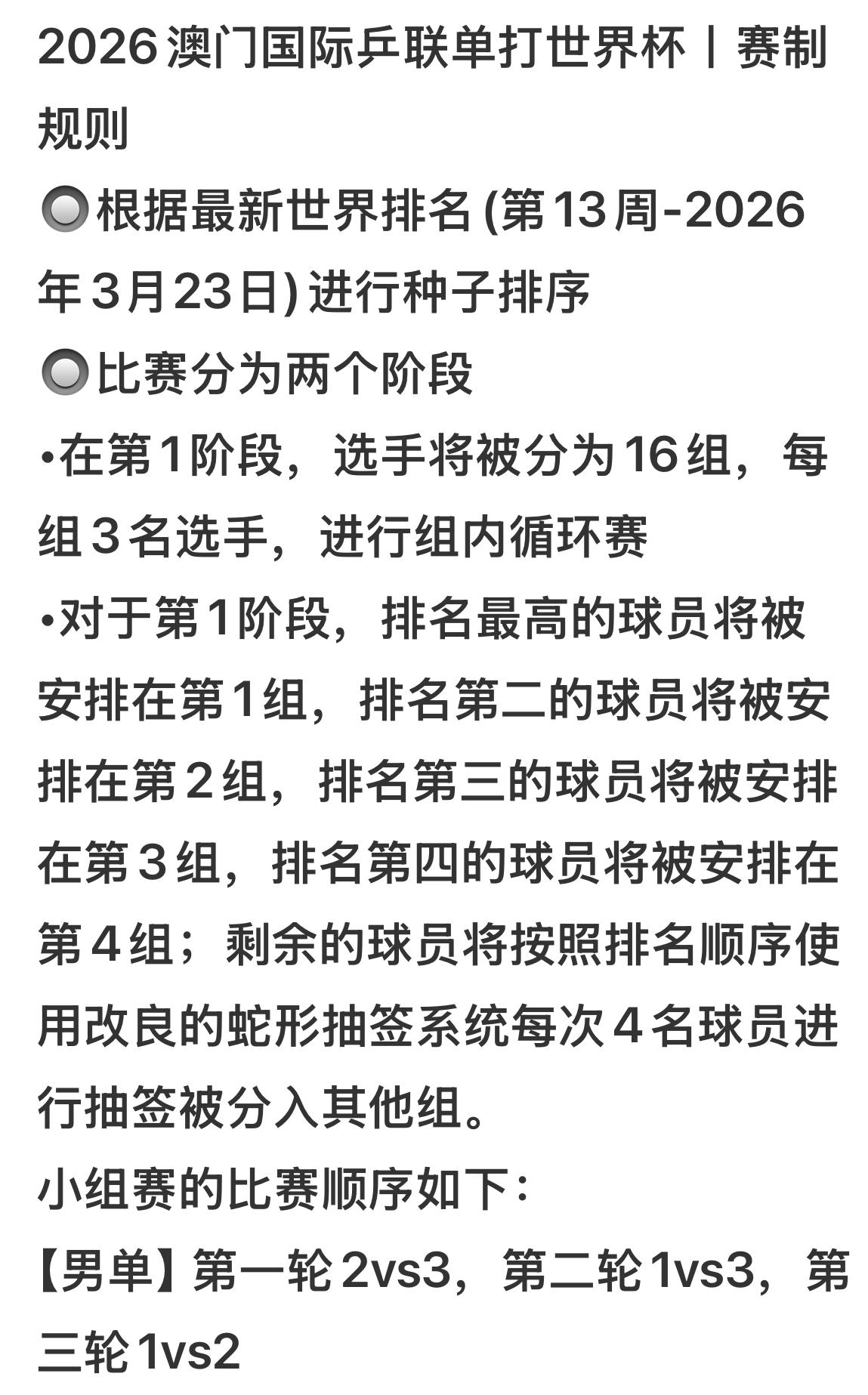 2026乒乓球澳门单打世界杯赛制新变化！澳门单打世界杯将于2026年3月30