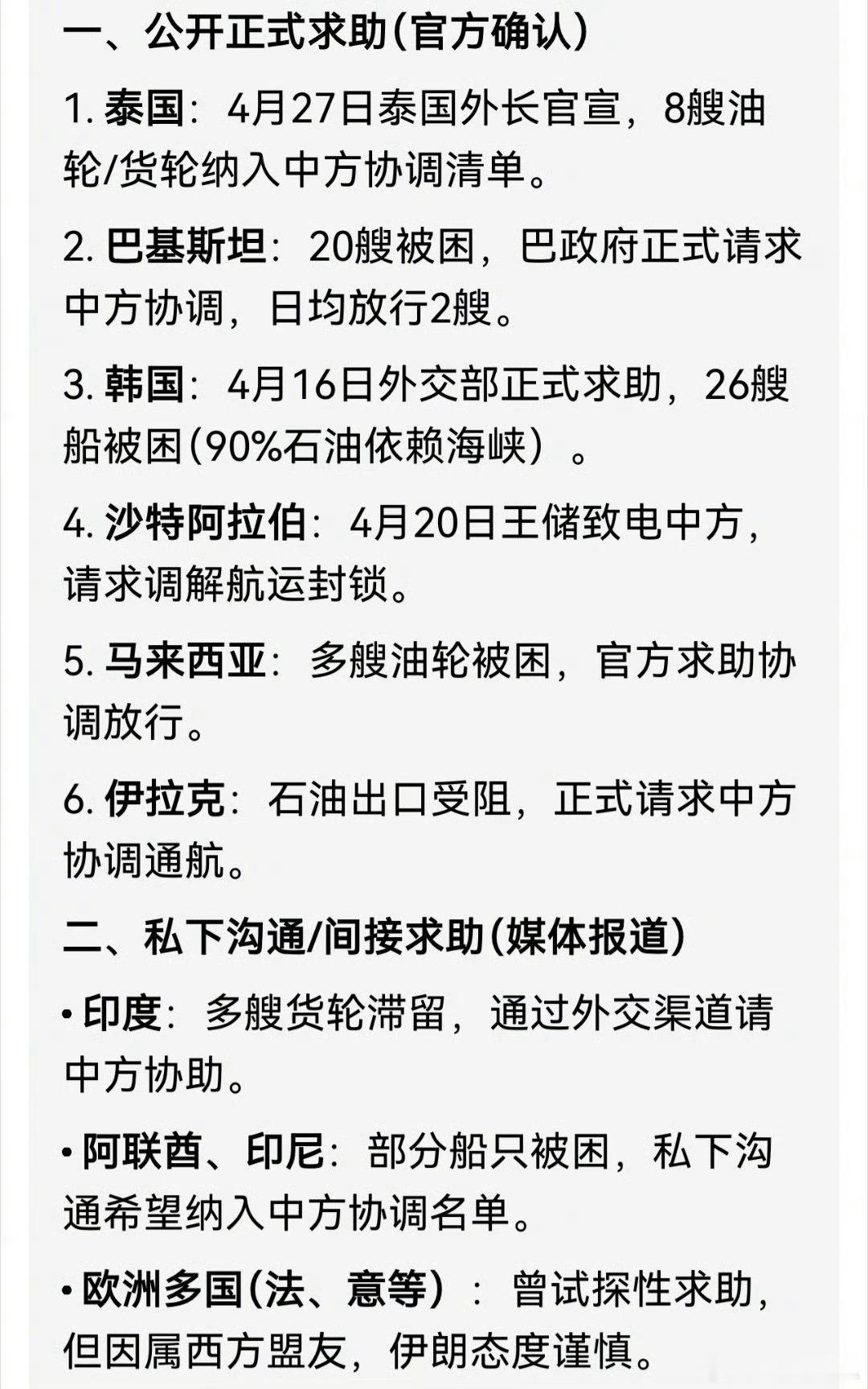 泰国外交部找中方帮忙协调8艘油轮出霍尔木兹海峡，因为国内缺油扛不住了。结果一查，