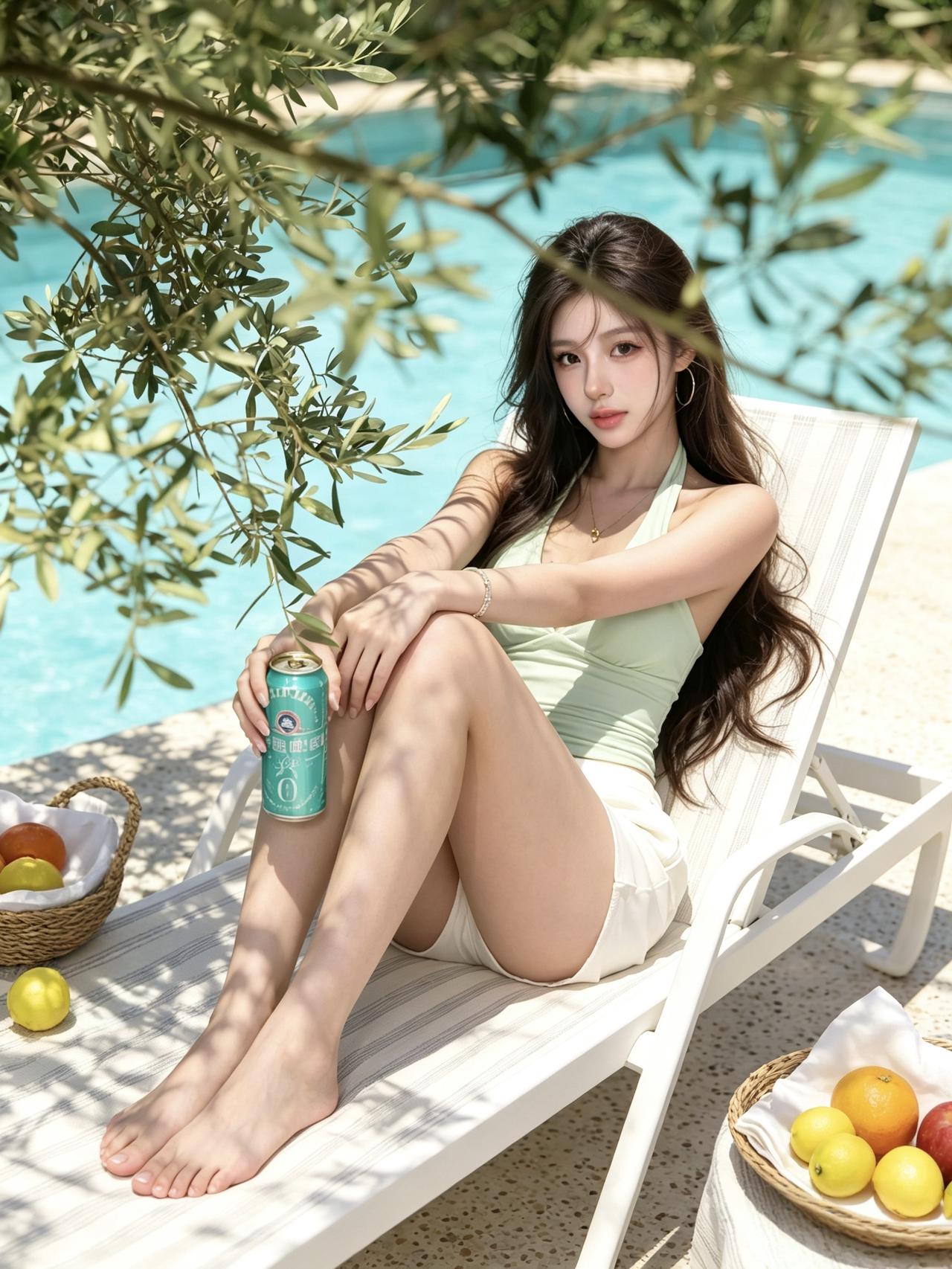 水边人像，色彩搭配的恰当，会让画面更加清透，美好。池边戏水这张作品，跳出静态摆