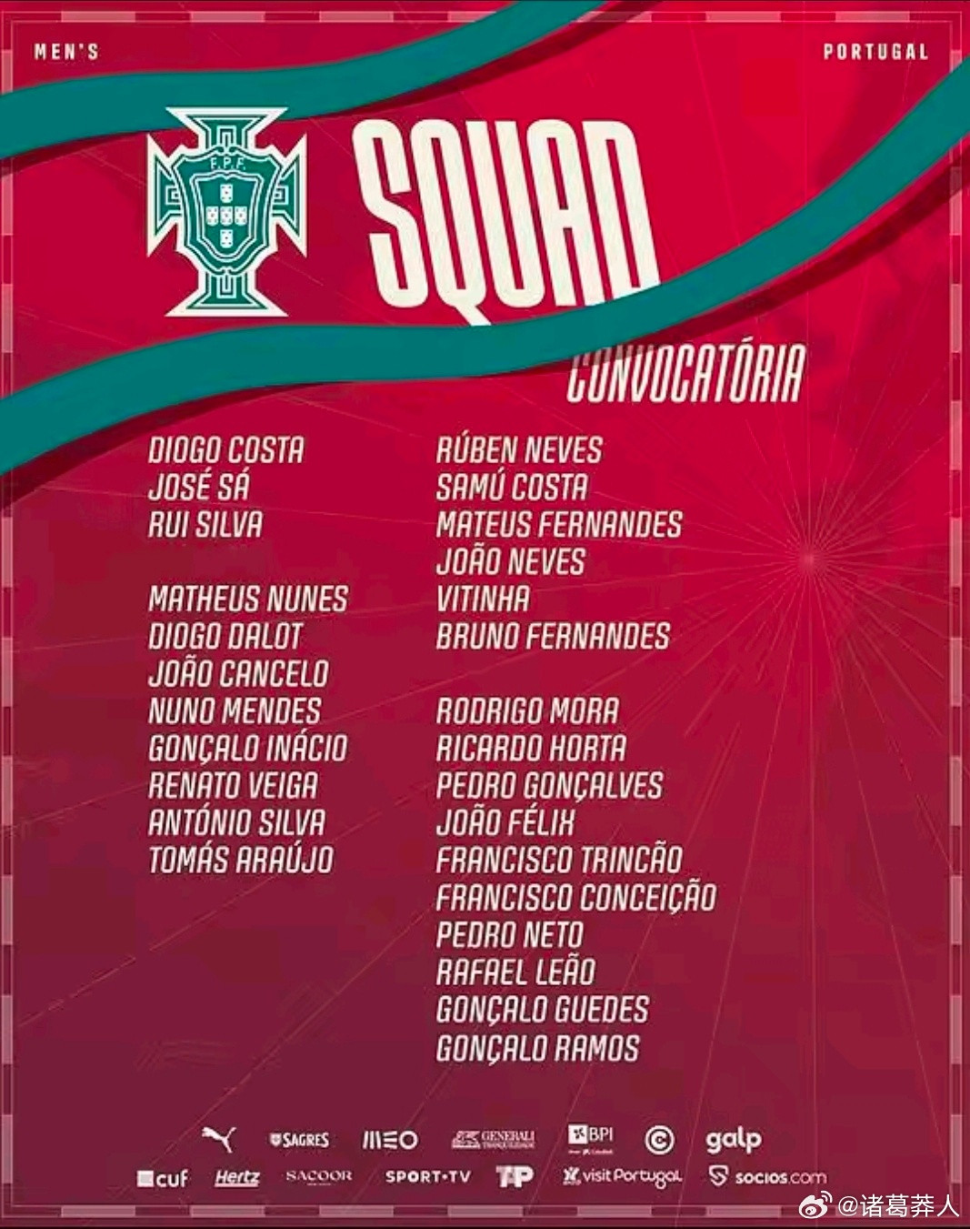 葡萄牙最新国家队名单正式发布，C罗因伤病原因无缘，B费、维蒂尼亚继续入选。本次国
