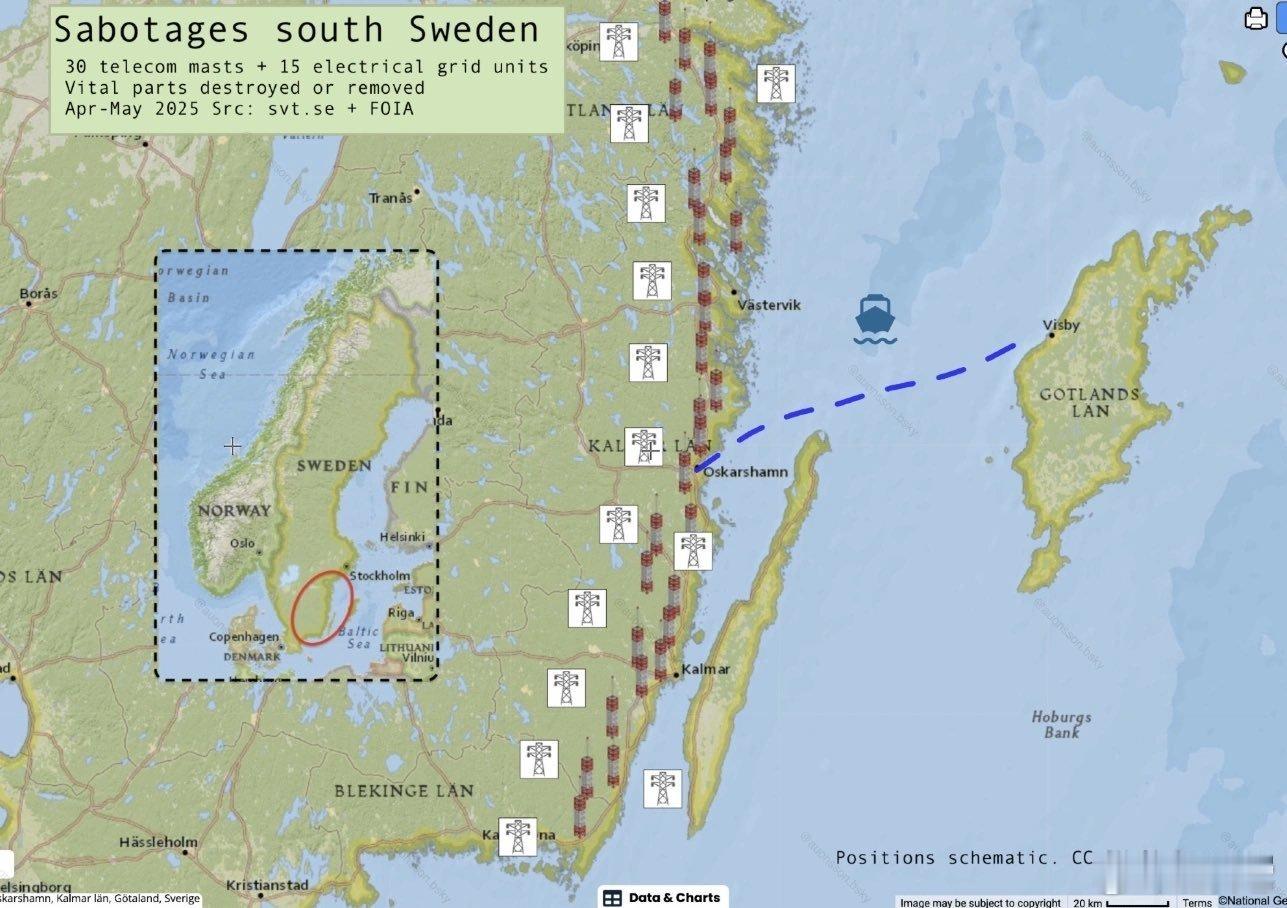 🚨在🇸🇪瑞典，不明身份人员破坏了30多座通讯塔。在所有事件中，袭