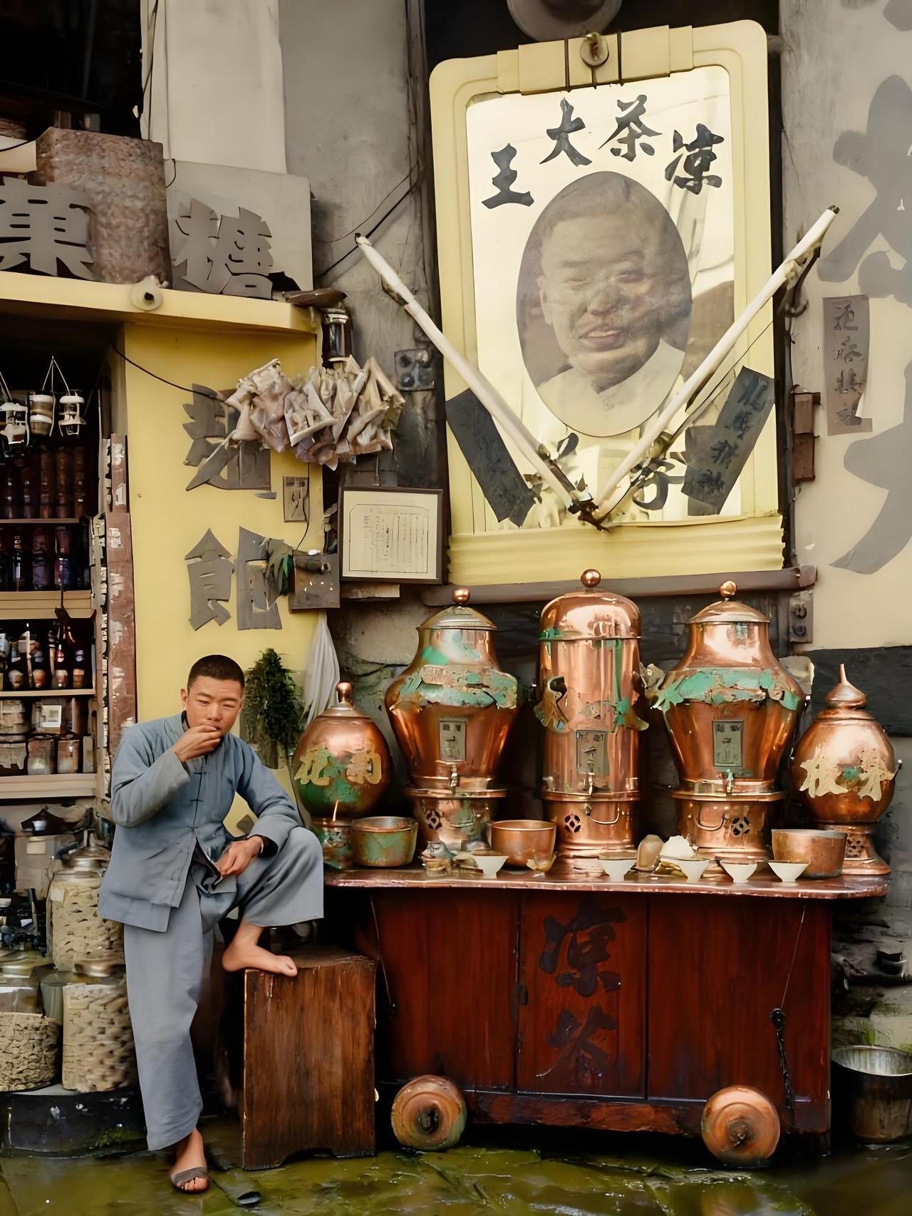 1940年代的广州街头，一间凉茶铺氤氲着鲜活的市井气。摊位前，一个穿着朴素、脚踩