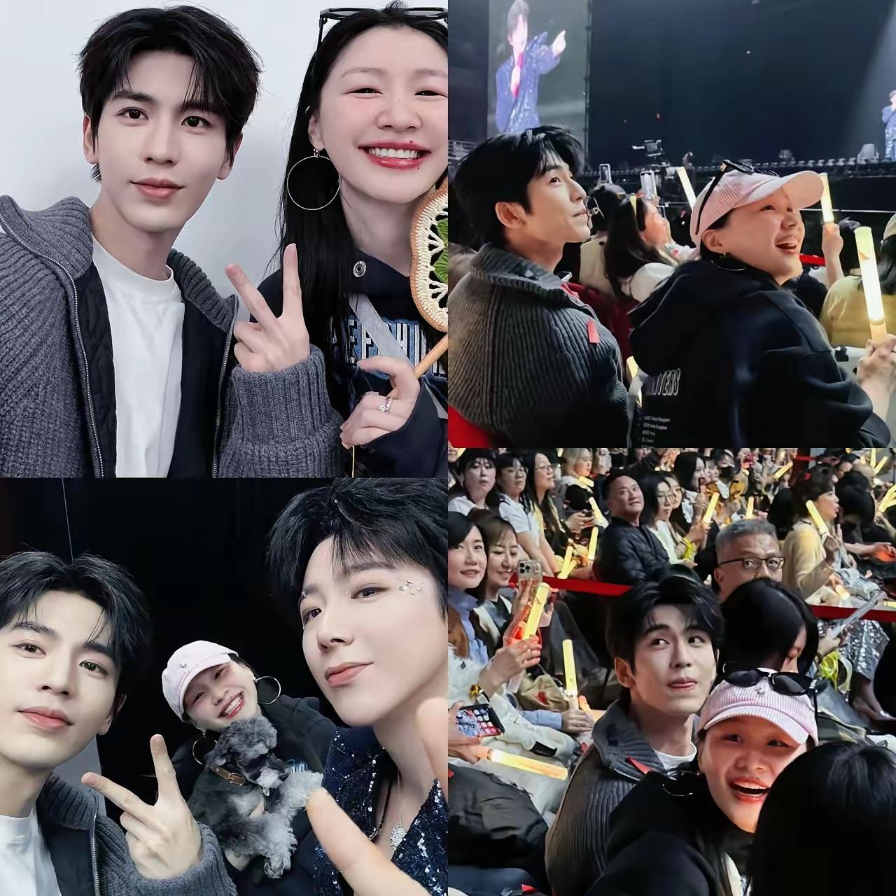 张凌赫和金靖去看刘宇宁表演，三人合照，很容易看出金靖有化妆，烈焰红唇很突出，刘宇