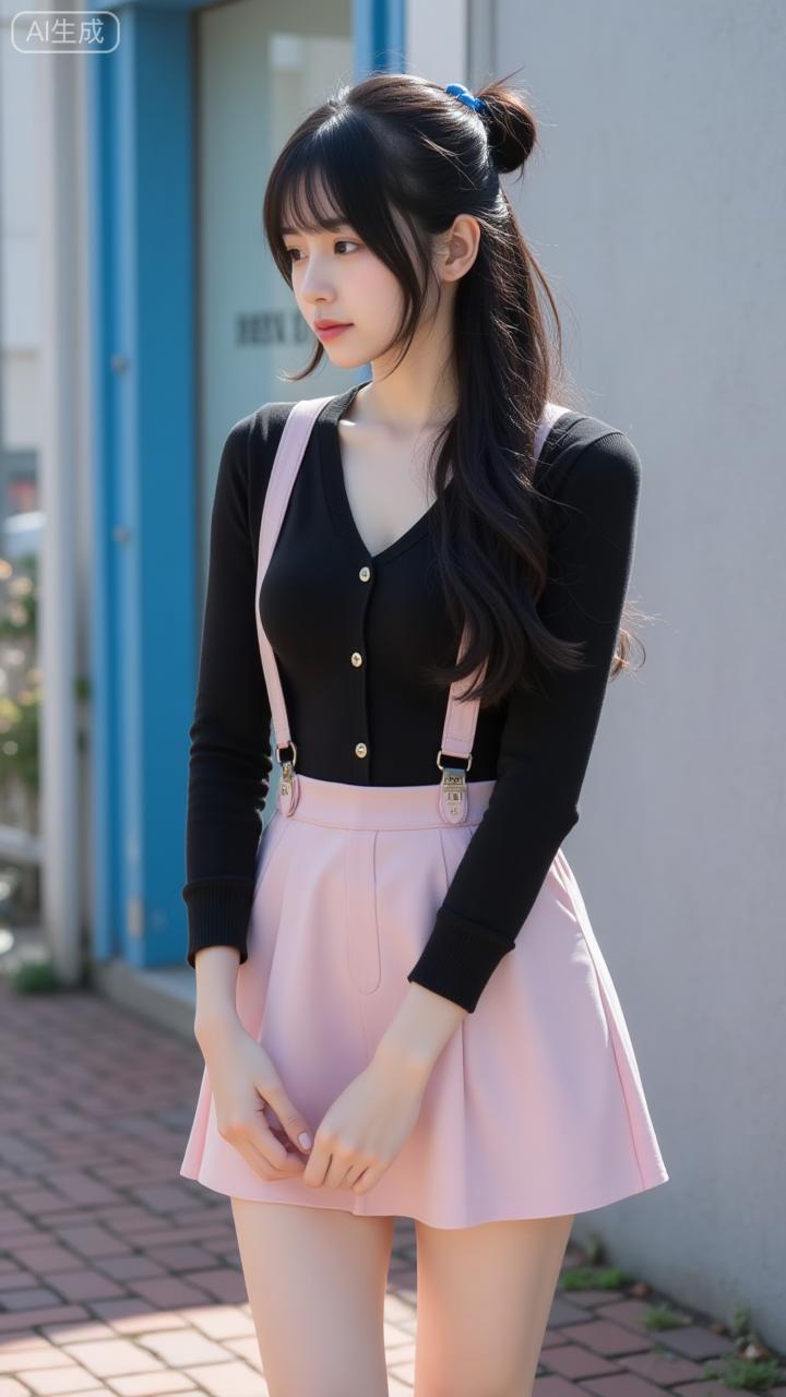 街头的粉黑甜妹好灵动黑开衫搭粉背带裙，蓝发圈一衬，甜酷又软萌，风掀着卷发落