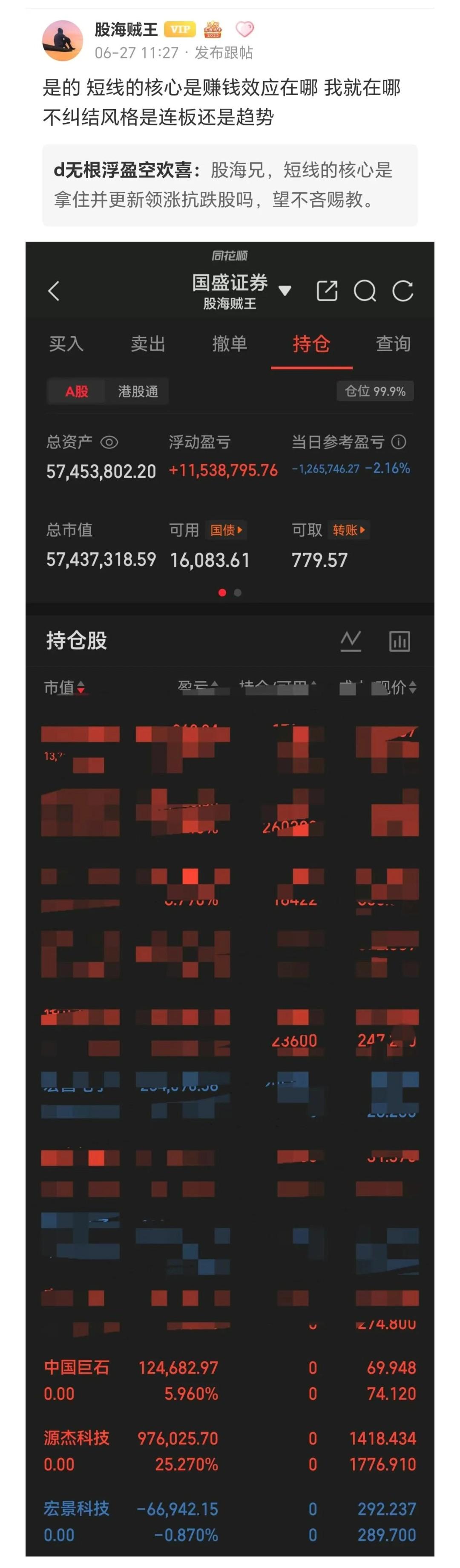 5000万实盘选手股海贼王留言：短线核心是赚钱效应在哪儿，我就在哪，不纠结风格是