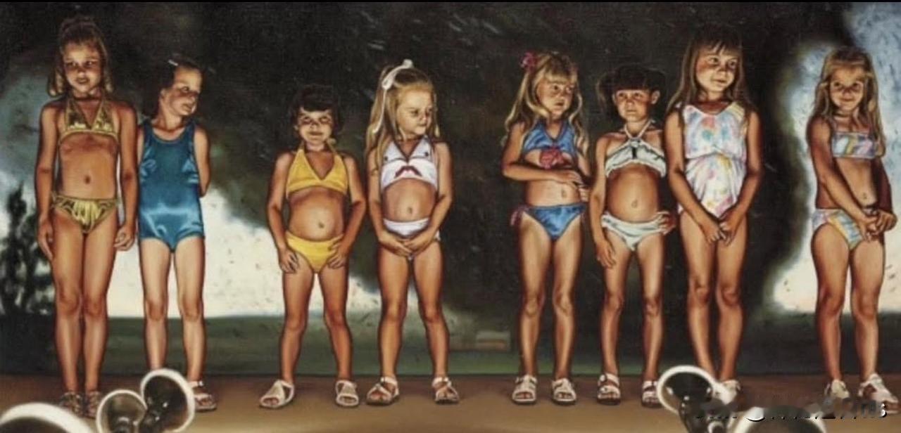 这幅画来自爱泼斯坦在纽约的住所。画中是舞台上的女孩们，她们似乎正在参加泳装比赛，