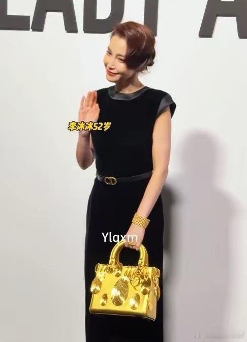 李冰冰真大胆啊，黑色连衣裙配了土豪金的包包……如果不看包，整个人端庄大气，可手里