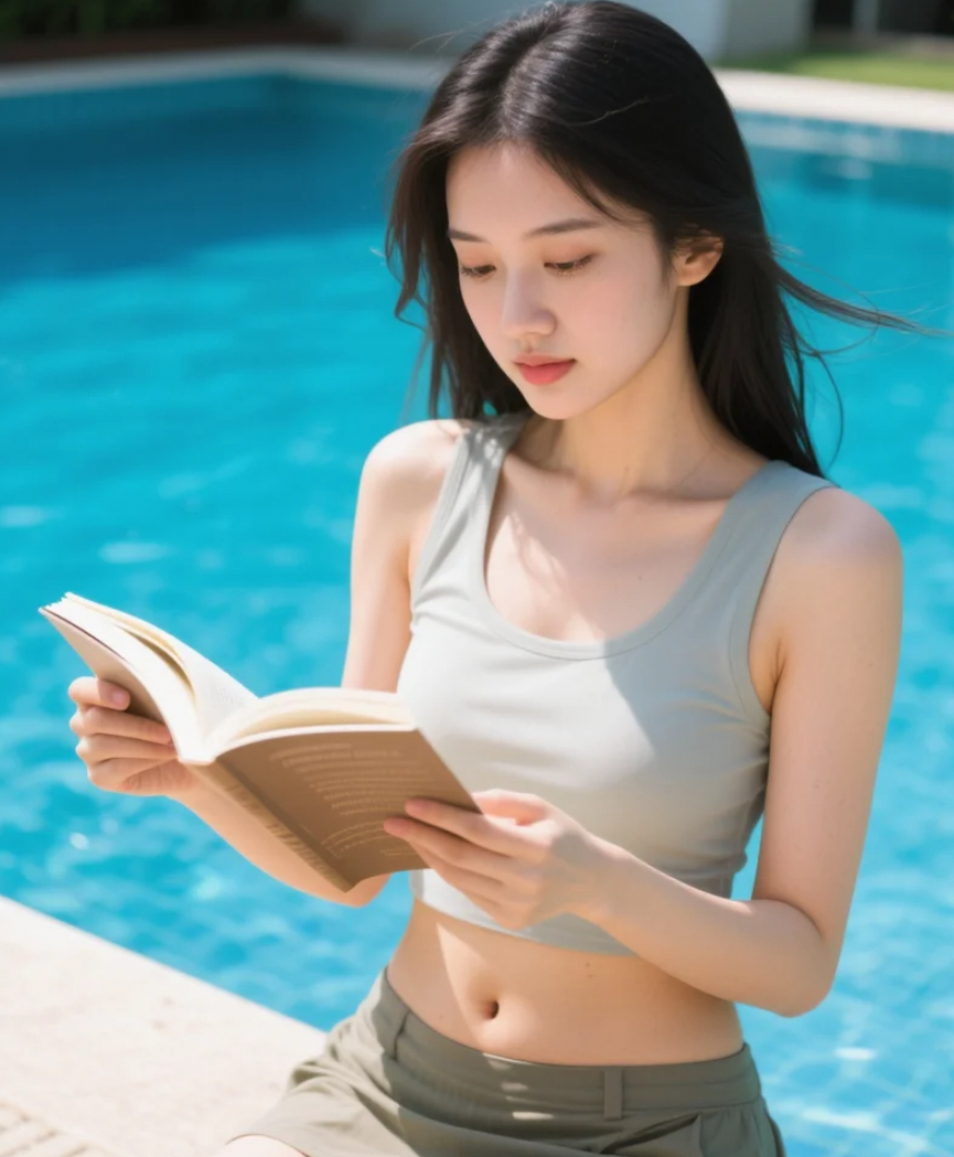阅读中的亚洲美女，在泳池边找到一片安静角落