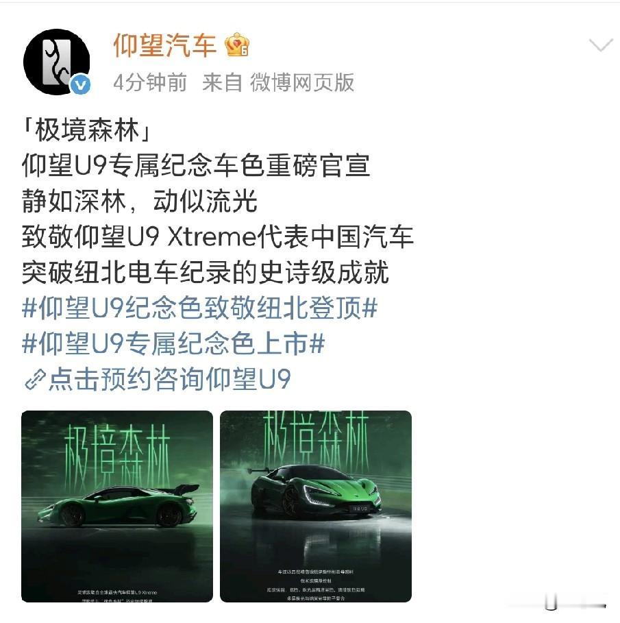 谁说比亚迪不懂情绪价值。仰望U9纽北赛道特别纪念版配色上市了。取名极境森林。