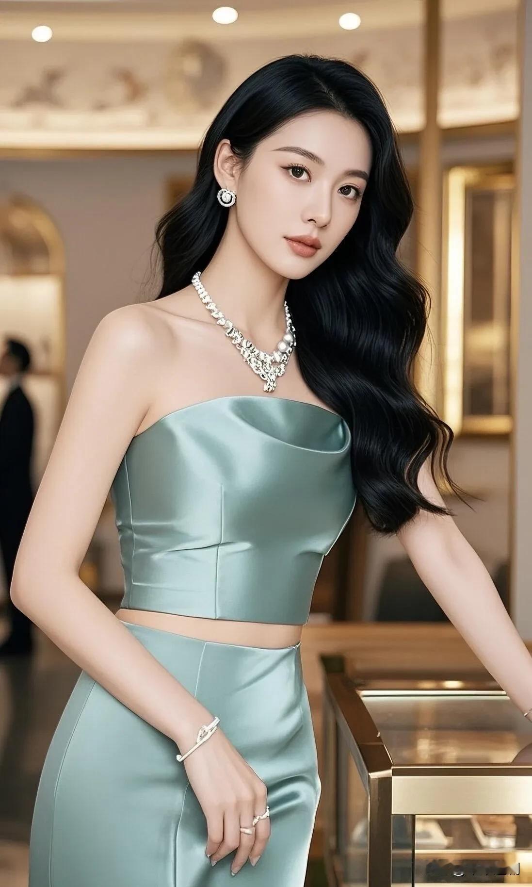 薄荷绿缎面勾勒出优雅轮廓，钻饰的光芒缀在颈间，黑卷发漾着温柔，是藏不住的精致与贵