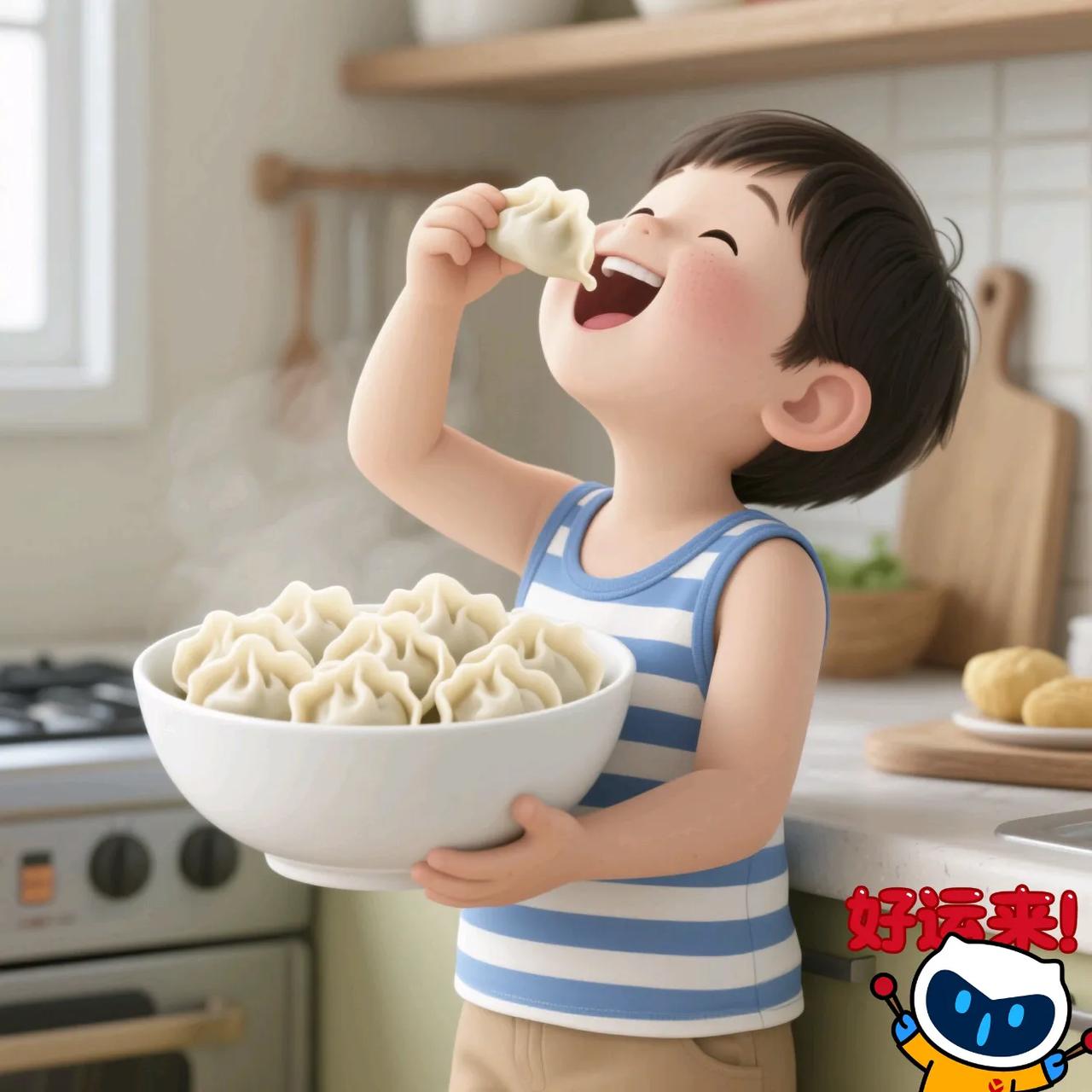 我和儿子简简单单的一顿早餐！自己包的云吞和饺子。饺子是猪肉韭菜馅的，云吞