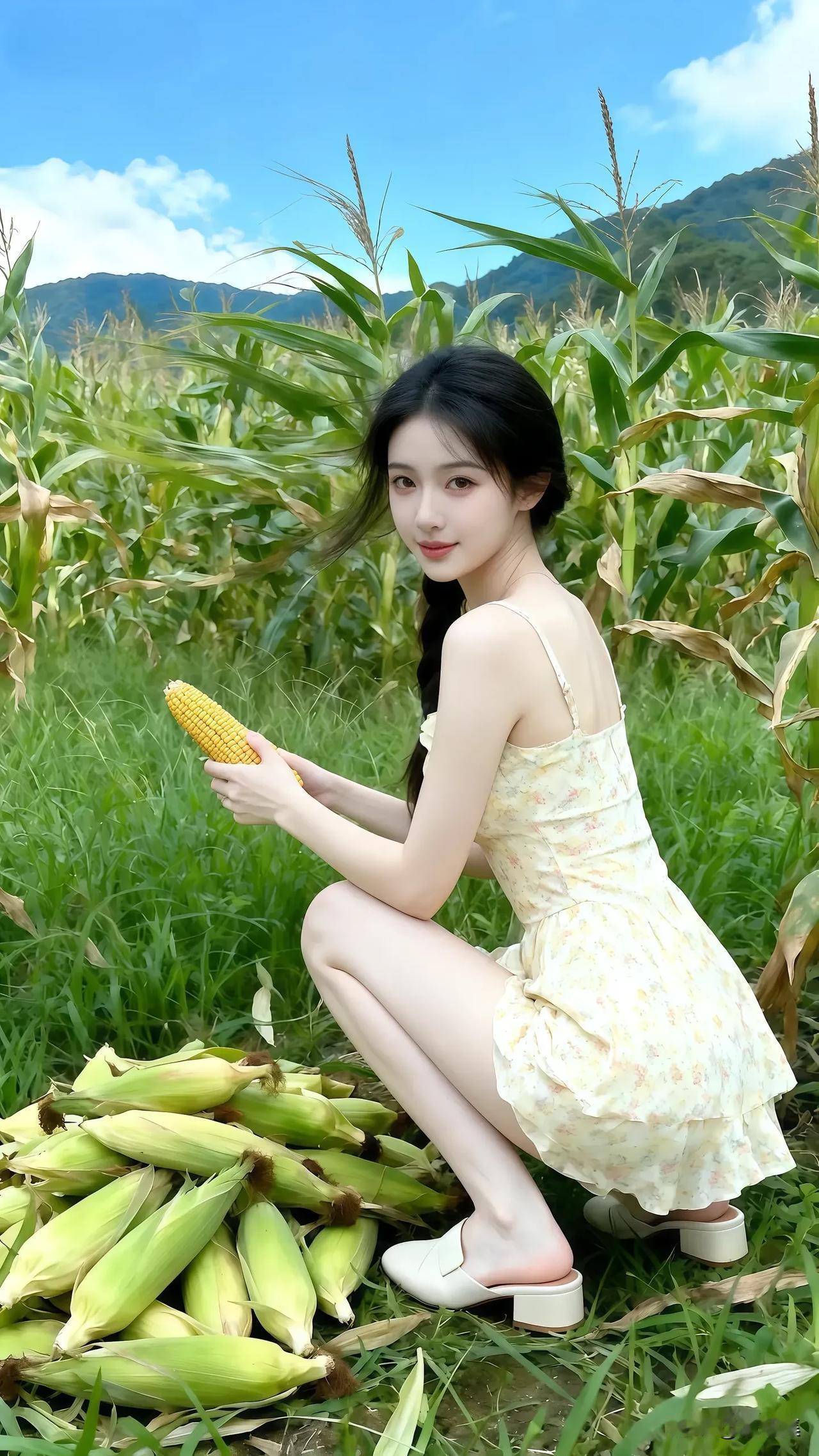 夏日田园风，甜美少女与玉米的浪漫邂逅🌽💐