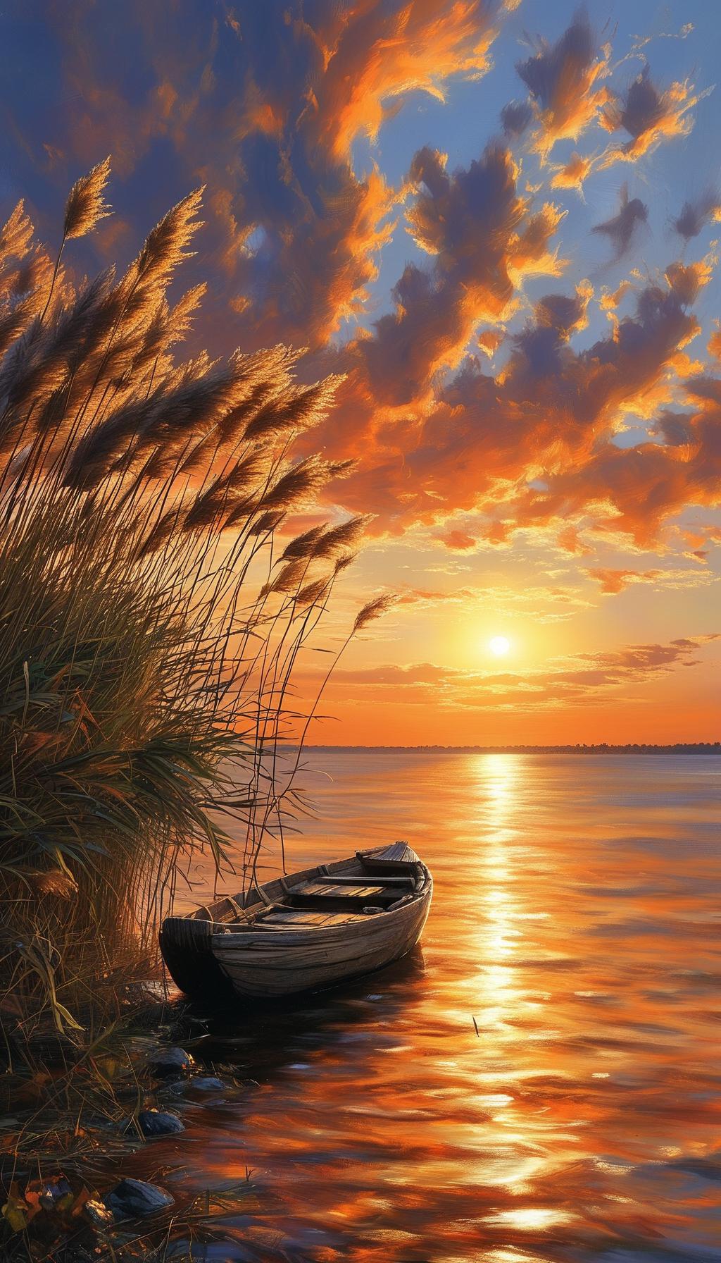 七绝·《芦滩》滩头芦荻舞风长，野渡横舟对落阳。衣上轻笼秋水色，碧波渐染夕