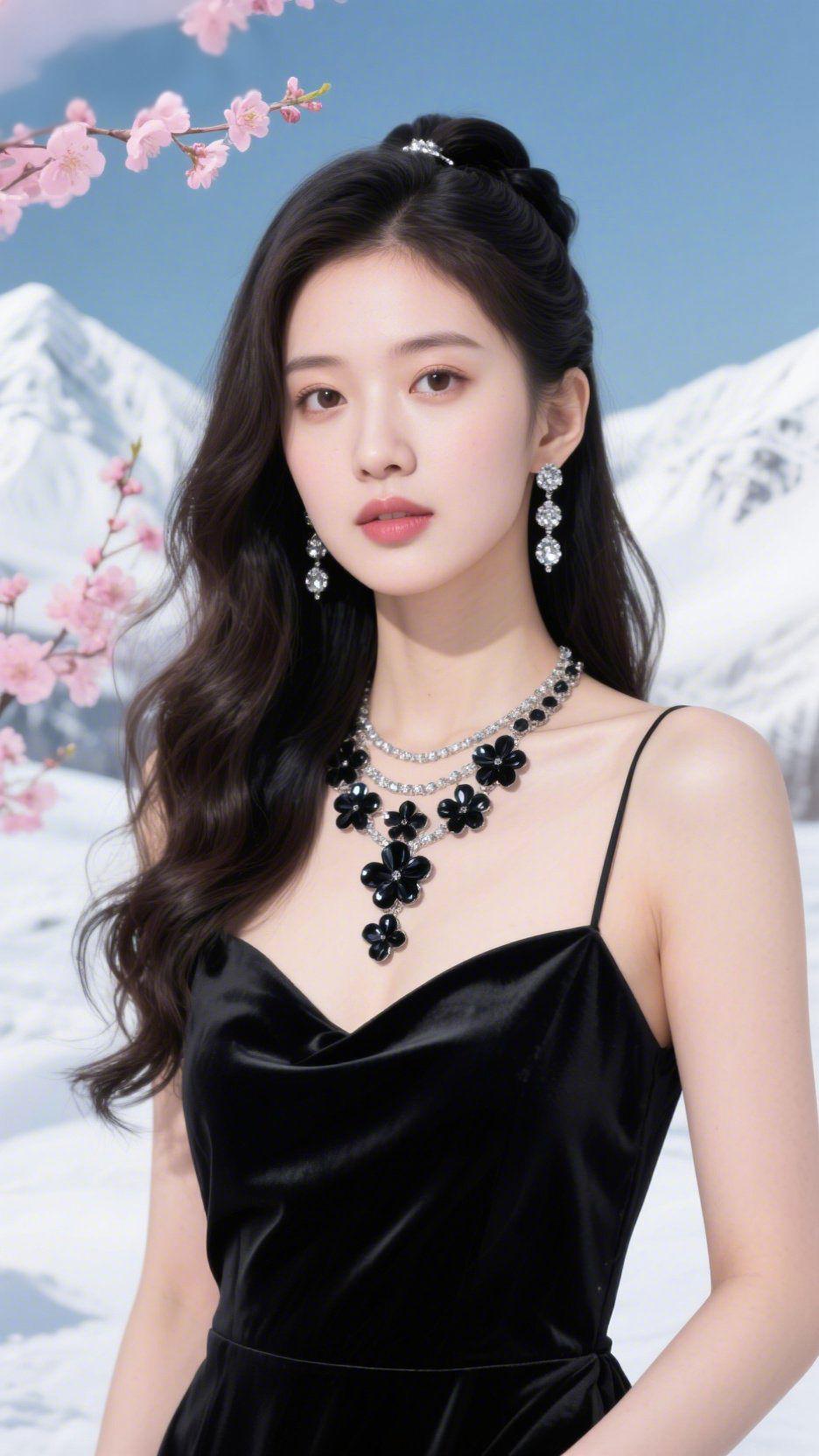 《雪樱叙》黑丝绒轻覆肩臂，像拢了片冬夜在身侧，颈间墨花碎钻亮得似落雪缀星。