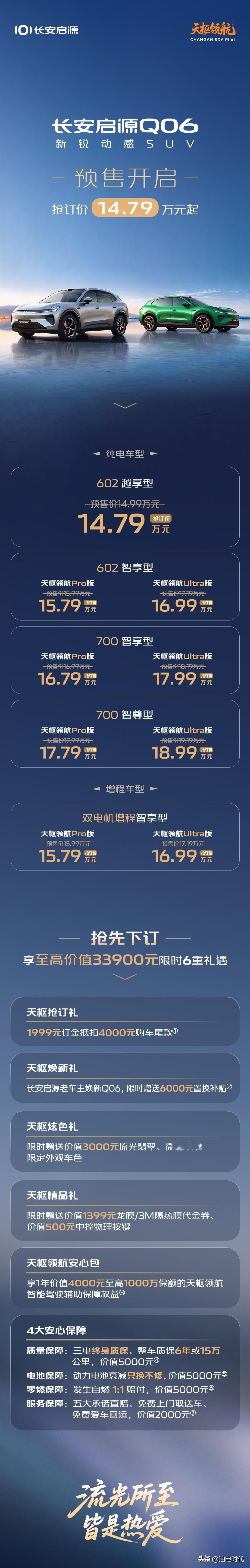 长安启源Q06开启预售，这个价格如何？纯电版14.79-18.99万元增程版