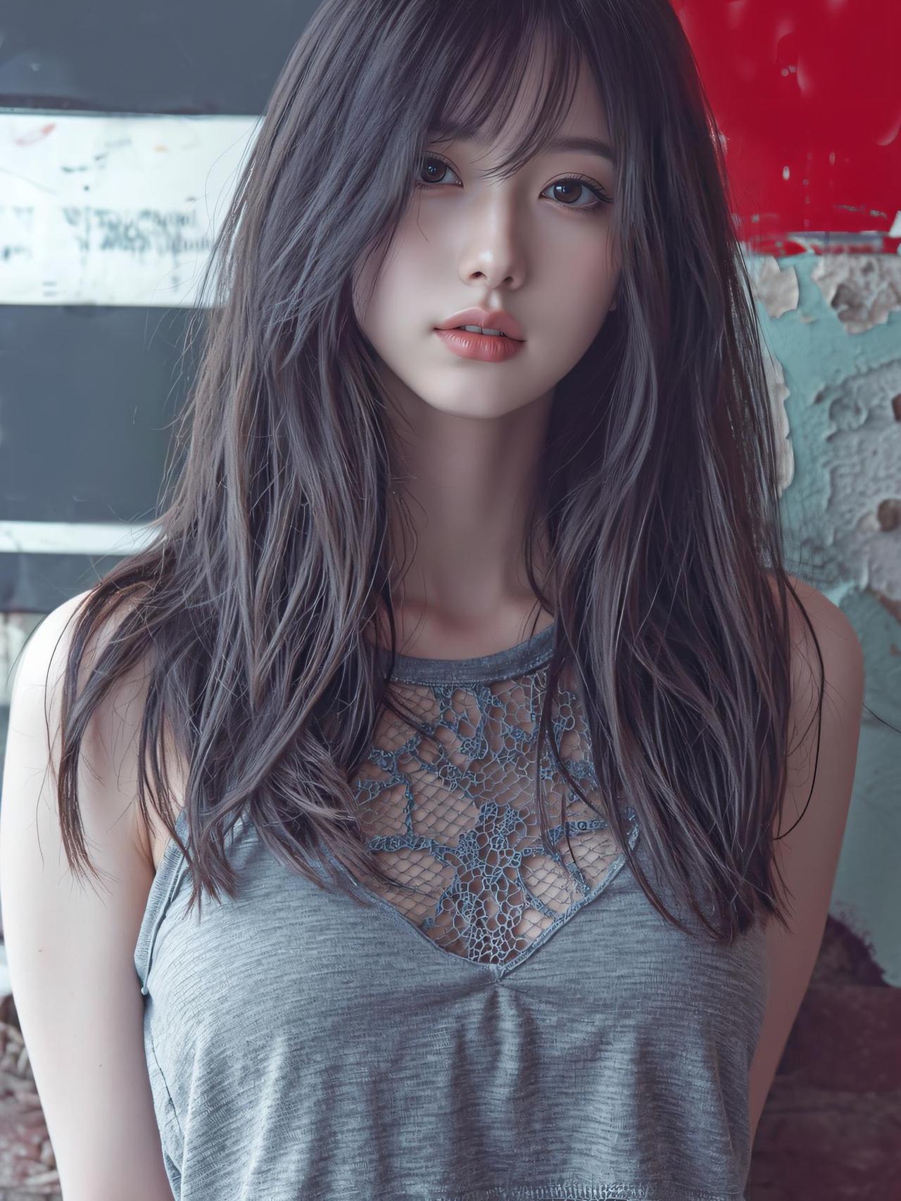 温柔少女风，复古红墙背景，清新自然妆容，时尚蕾丝吊带衫，甜美迷人。女生怎么穿紧身