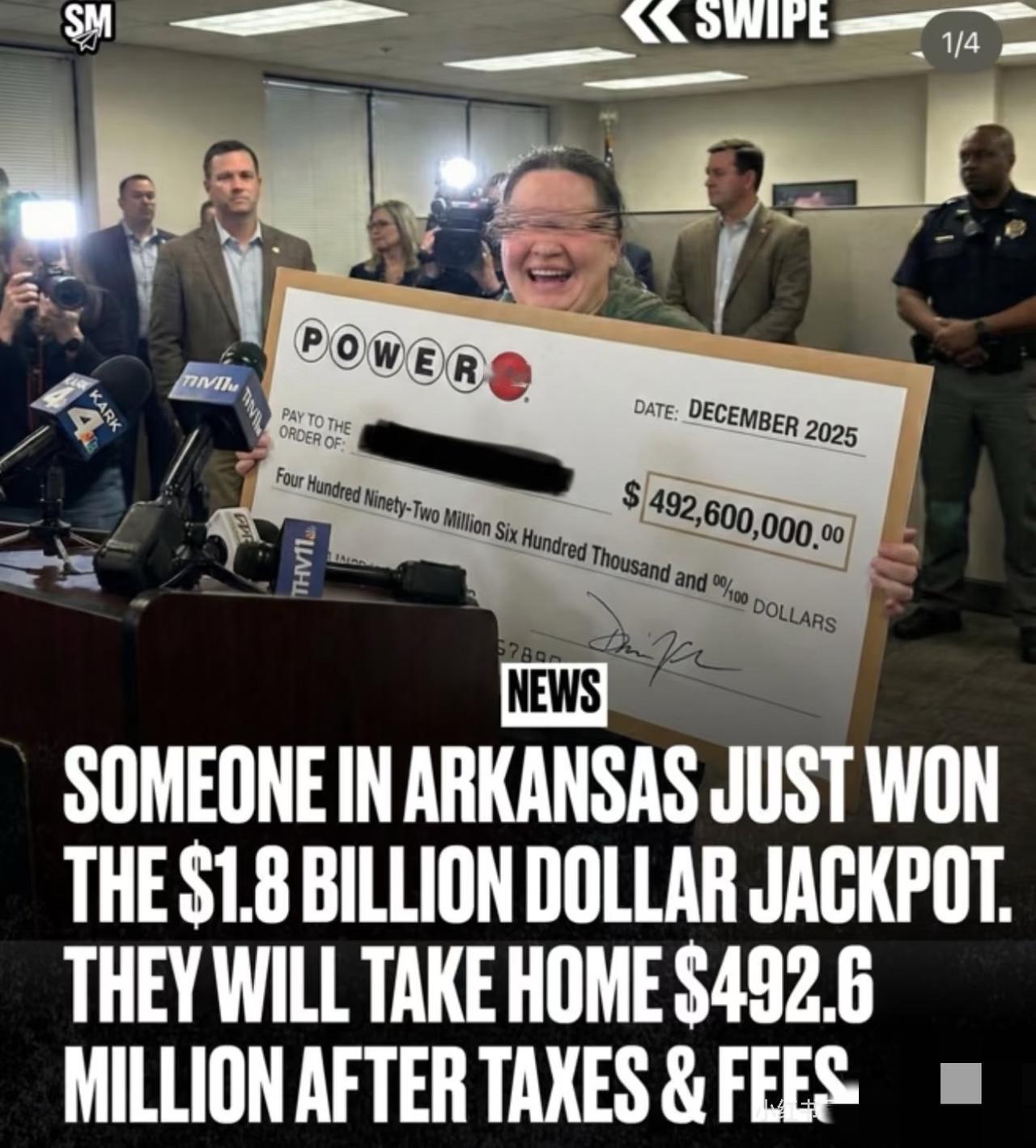 🇺🇸Powerball彩票17亿美元大奖被一人独得。阿肯色州的获奖者选择