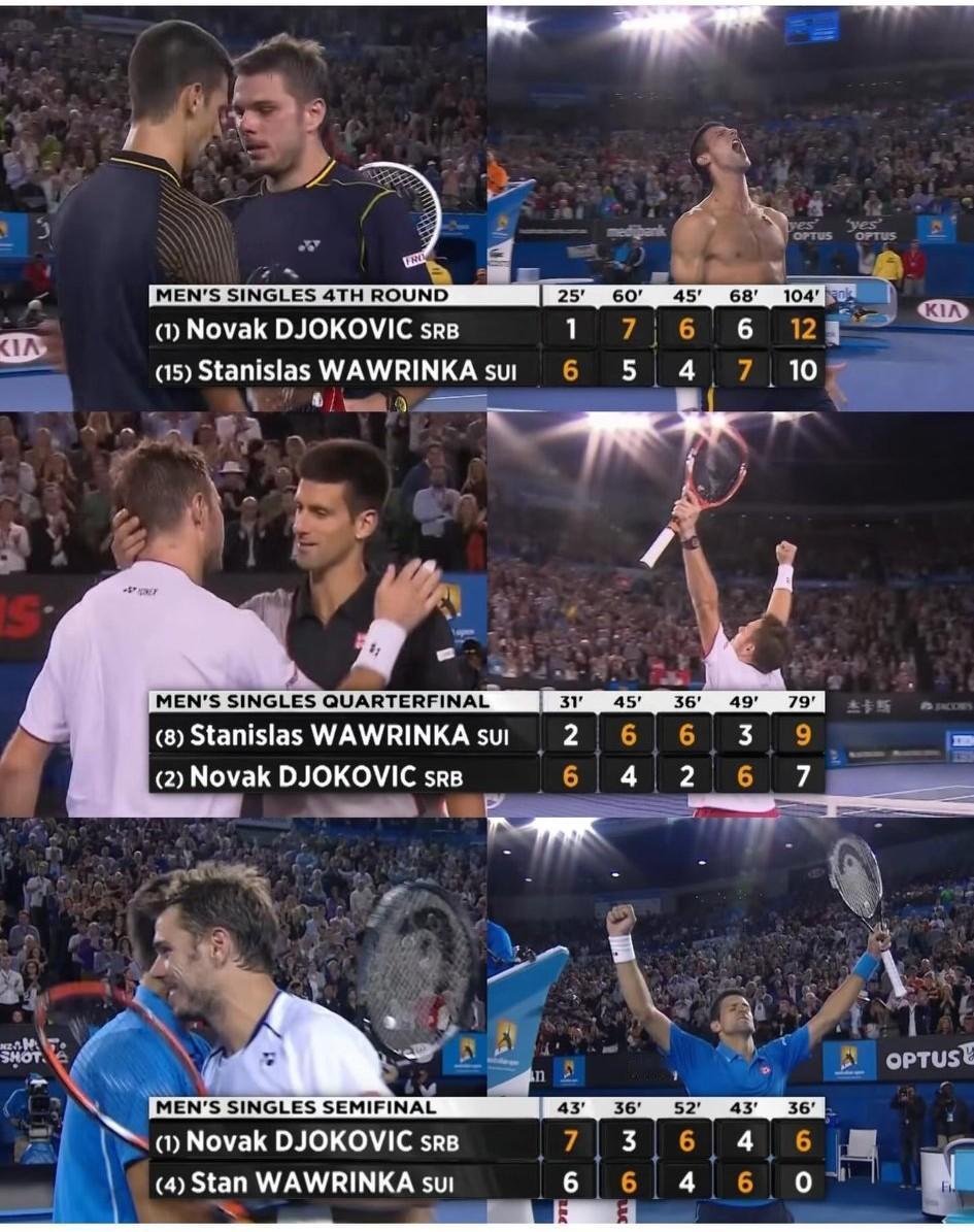 德约与瓦林卡在澳网相爱相杀的连续三个赛季的五盘大战（13－15赛季）。德约在1