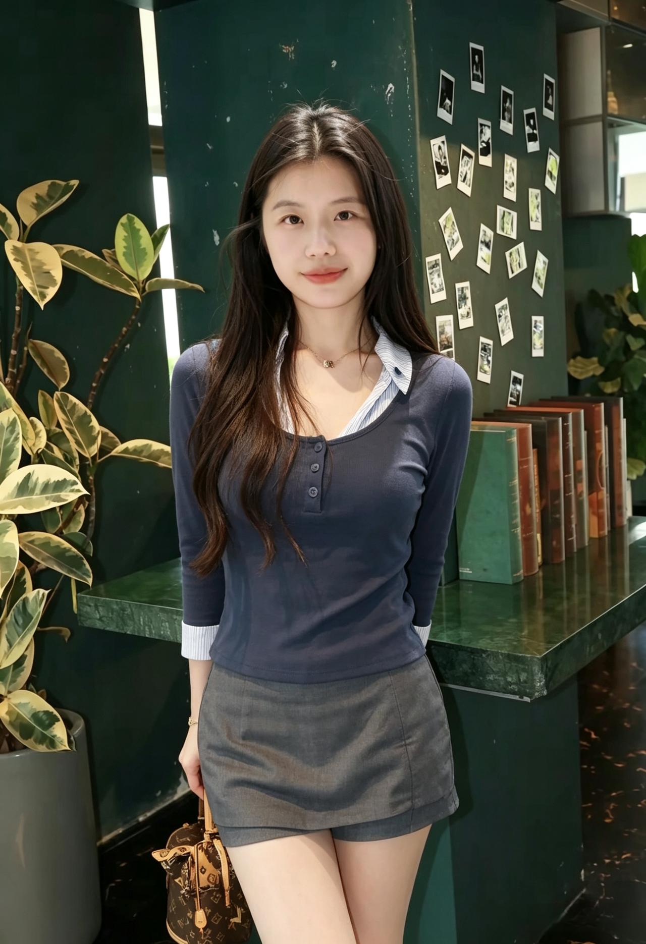 长发如波浪垂落针织衫裹住温婉气场裙裤利落，包包精致身后花簇与灯火次第盛放
