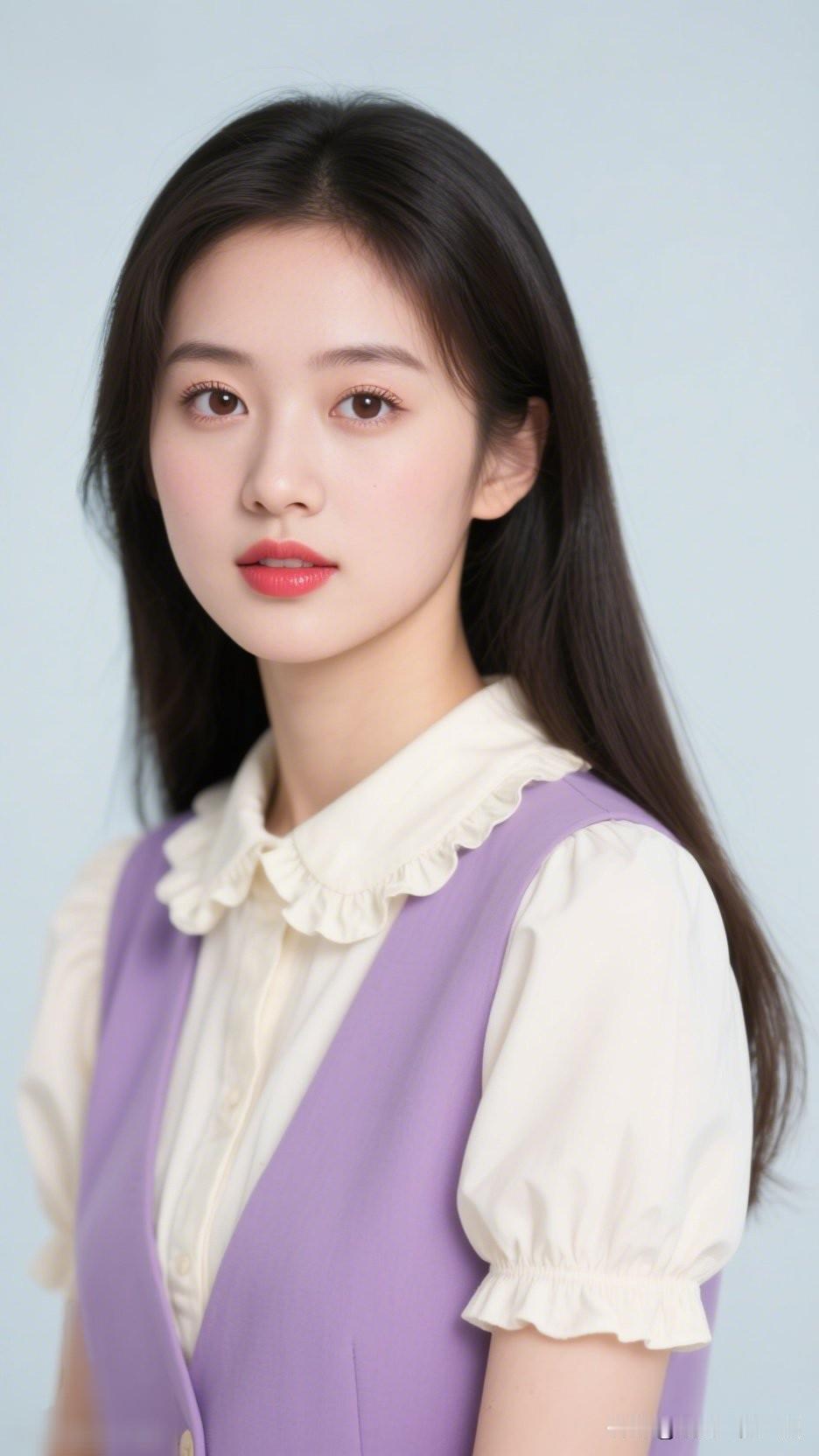 温柔甜美的少女穿搭，紫色背心搭配白色衬衫，清新自然。