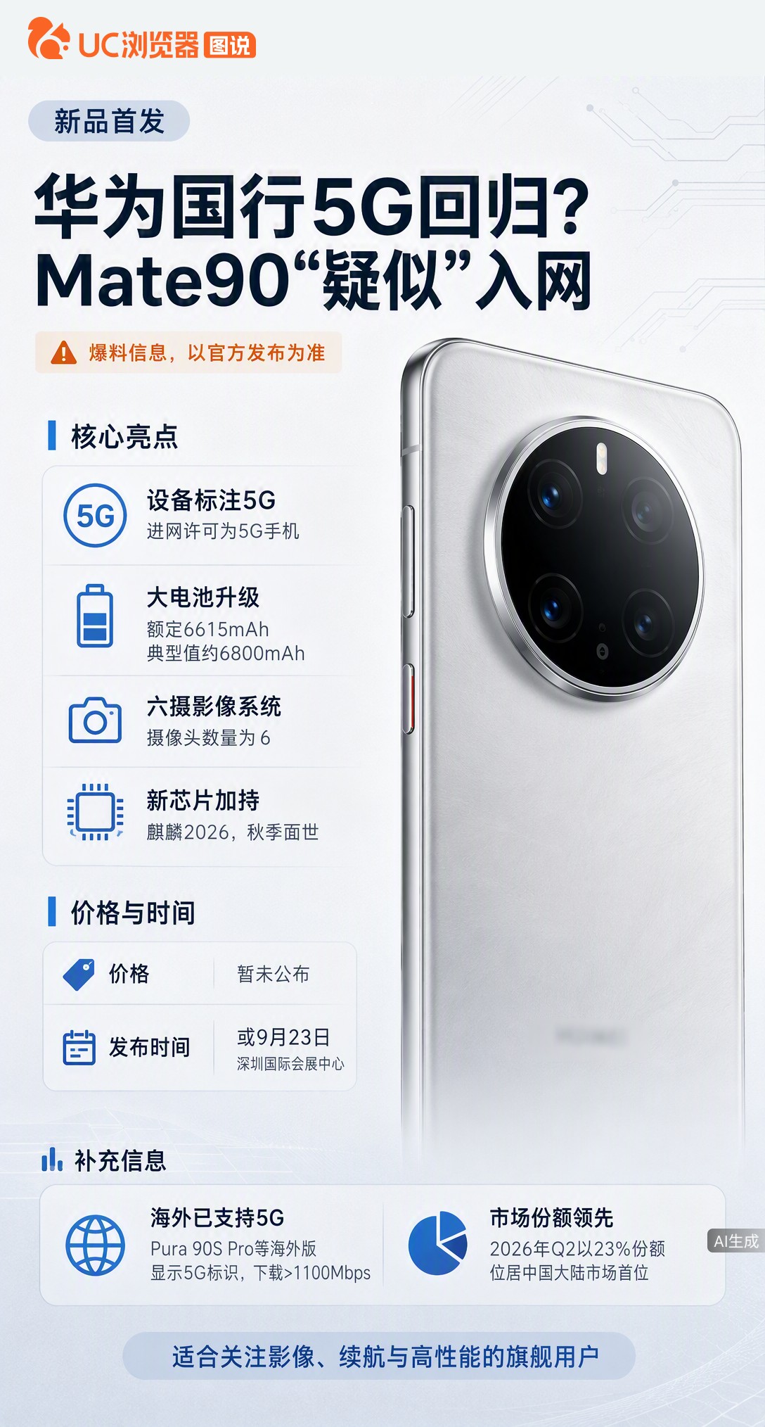 华为新机入网直接标注5G，博主推测是Mate90Pro。若属实，国行5G标识终于回归，电池还比上代大