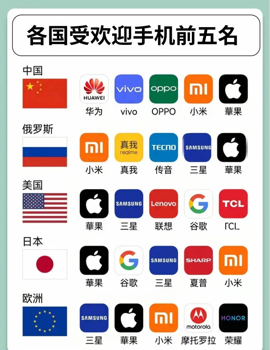 各国受欢迎手机前五名。