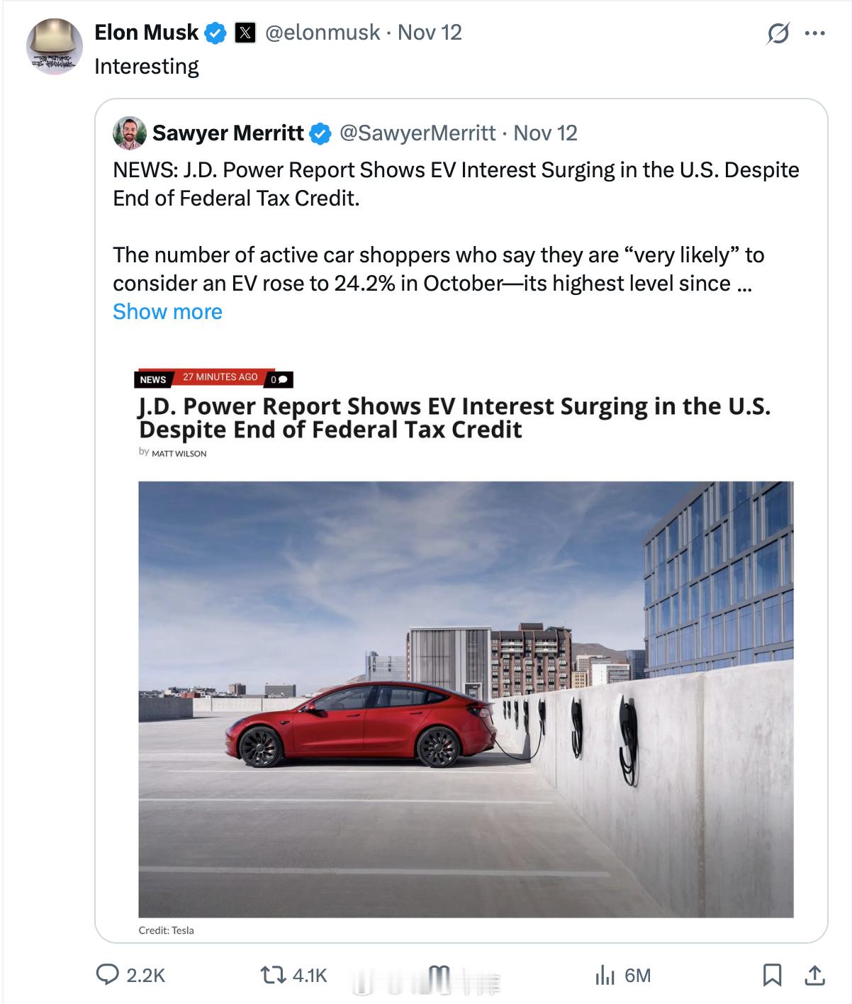 J.D.Power的报告显示，在联邦电动车购车税收优惠结束后，美国消费者对电动