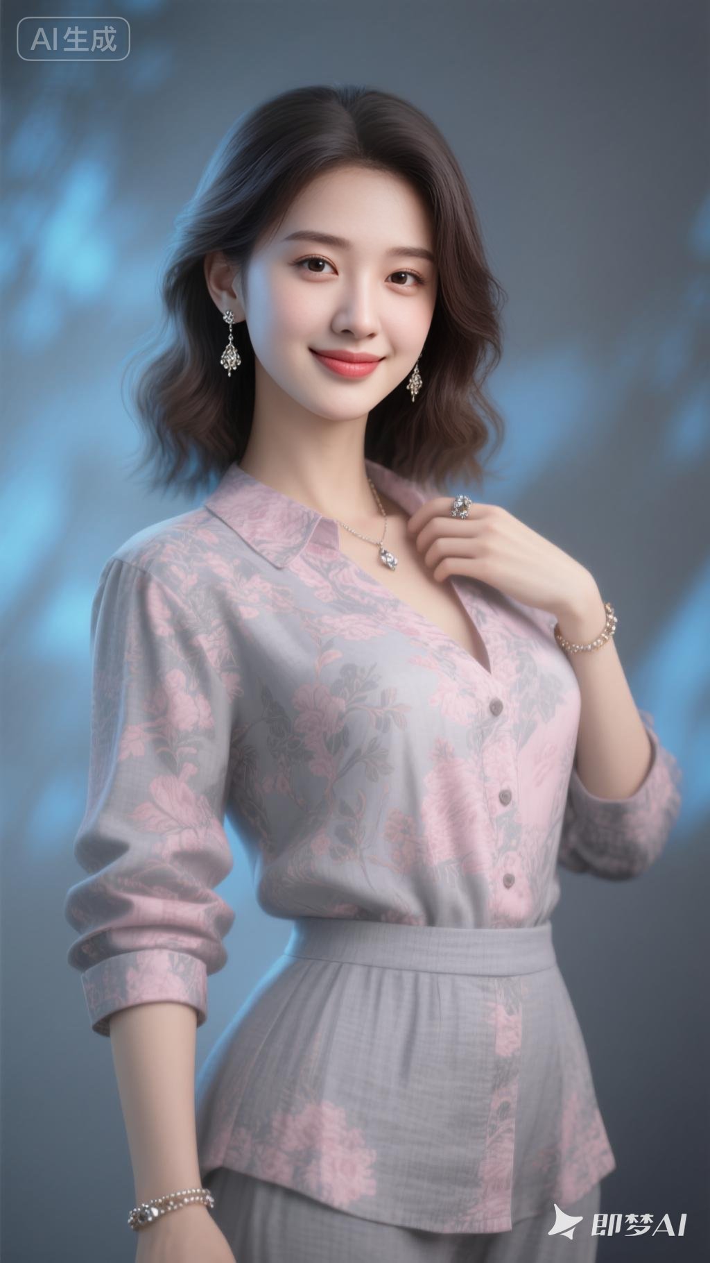 年轻漂亮的美女，时尚高档花纹灰粉色棉麻衬衫，戴着耳环和项链，优雅气质...