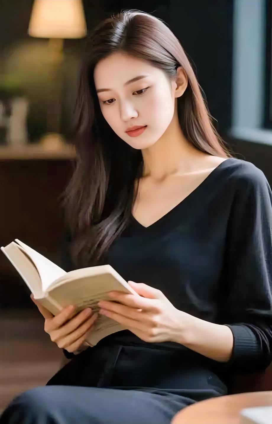 灯一暖，夜便安静下来。黑衫简约，长发轻垂。指尖翻过书页，目光温柔。不