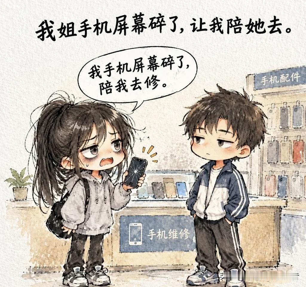 趣味漫画：我姐手机屏幕碎了，让我陪她去。师傅拿起手机看了一眼，抬头问我：怎么摔的