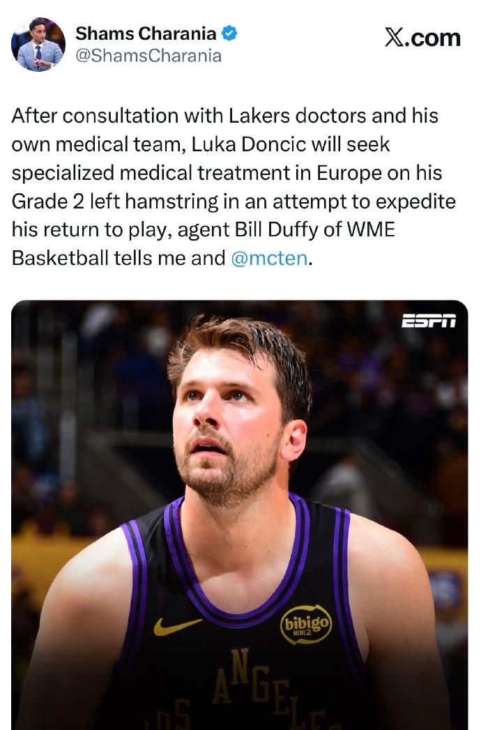 东契奇还想着快速复出呢？根据shams报道，东契奇将前往欧洲，针对自己的二级