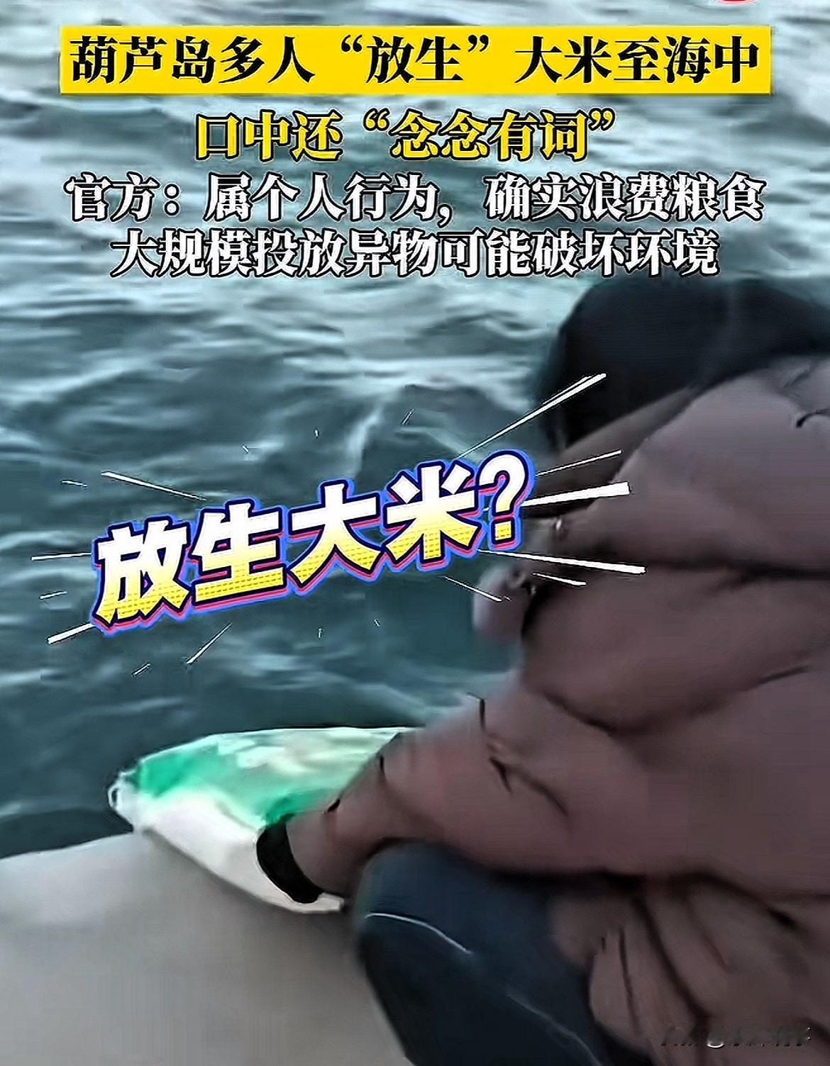 第一次听说，这大米还能“放生”？辽宁葫芦岛，几名老年人来到海边，把几袋大米倒入海