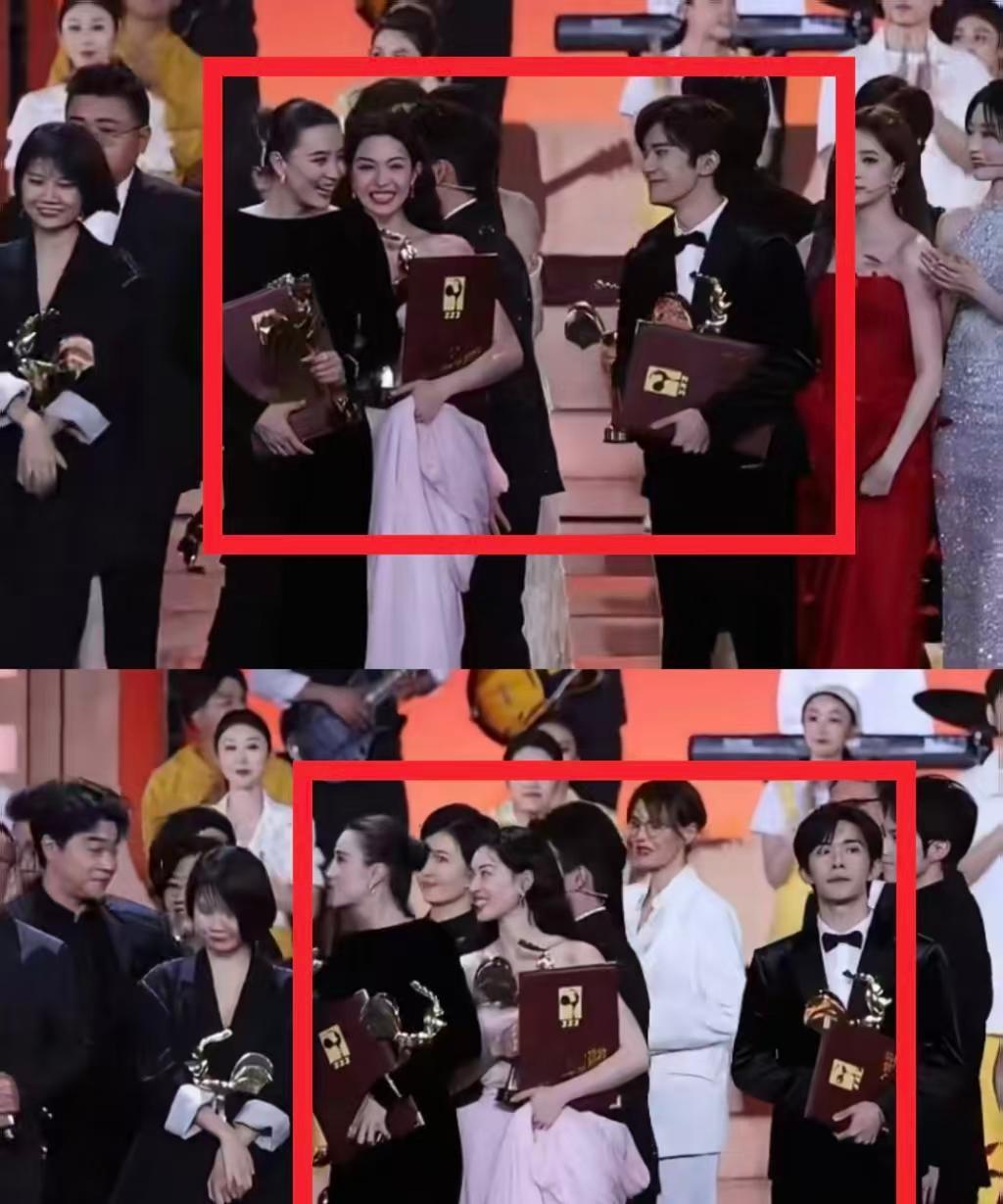 钟楚曦刚捧回金鸡最佳女配，合照却被骂抢C位。我看视频，她跟着工作人员走到前排左