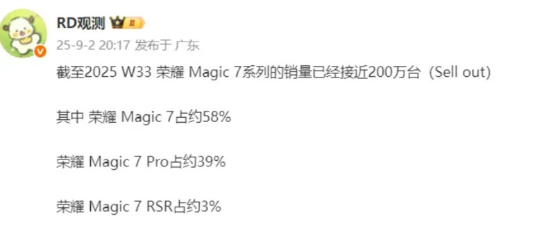 这是荣耀Magic7系列的实时销量1、同样截止2025年W33周，荣耀Maig
