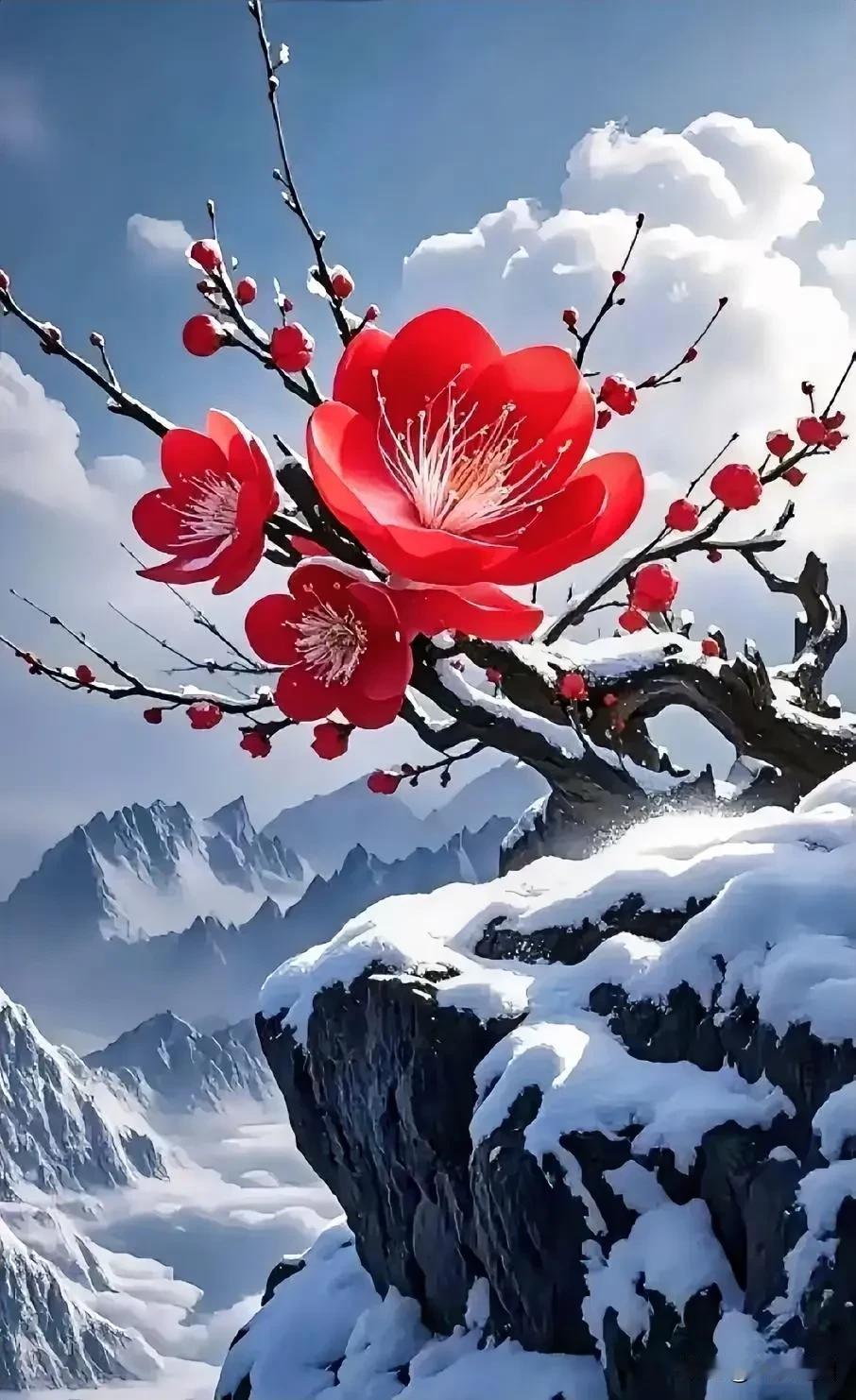 雪山红花琼峰素裹耀苍穹，一抹嫣红破冷封。雪海寒威难困艳，岩崖险峻敢称雄。